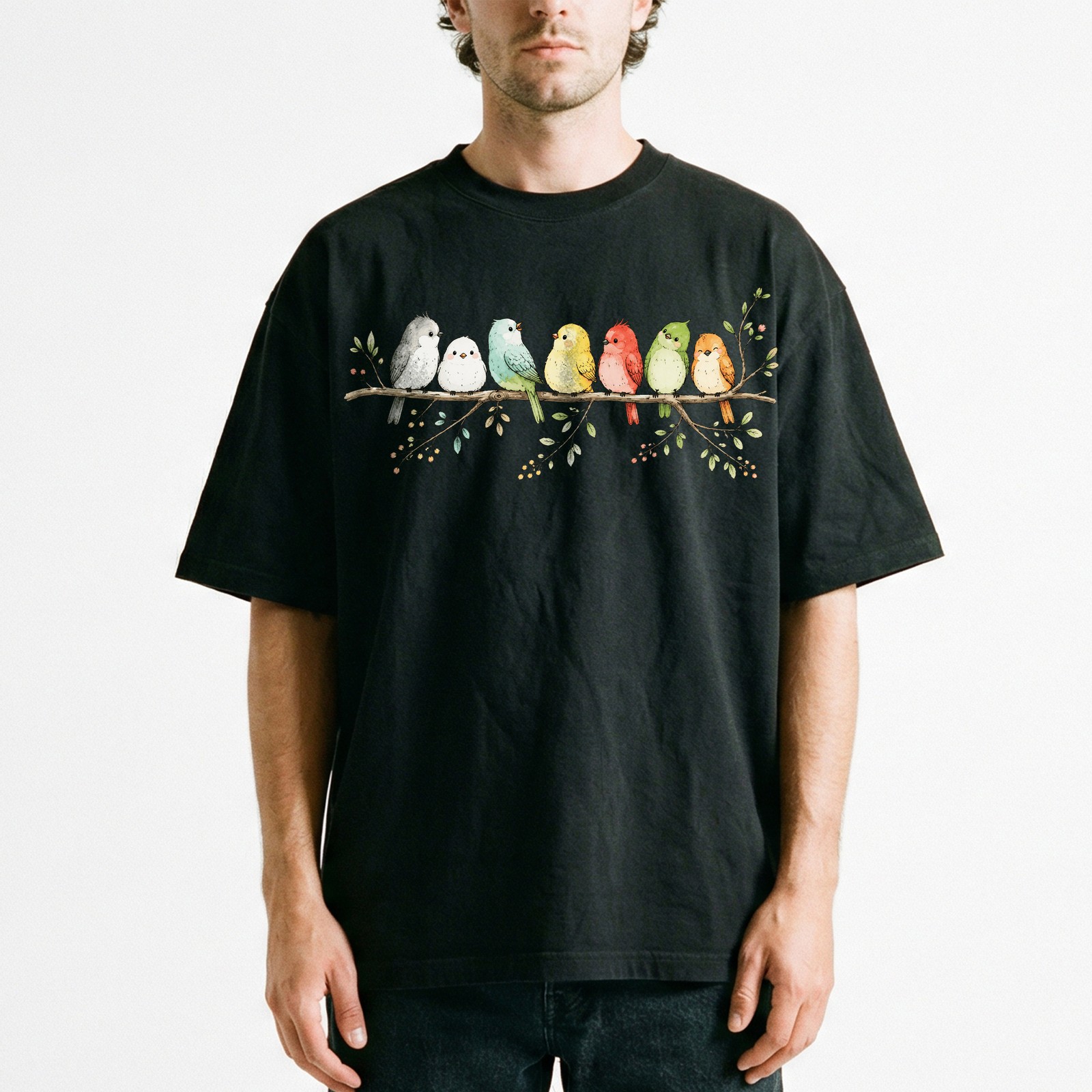 Cute Colorful Birds Branch T-Shirt Adorable Bird Family Tee