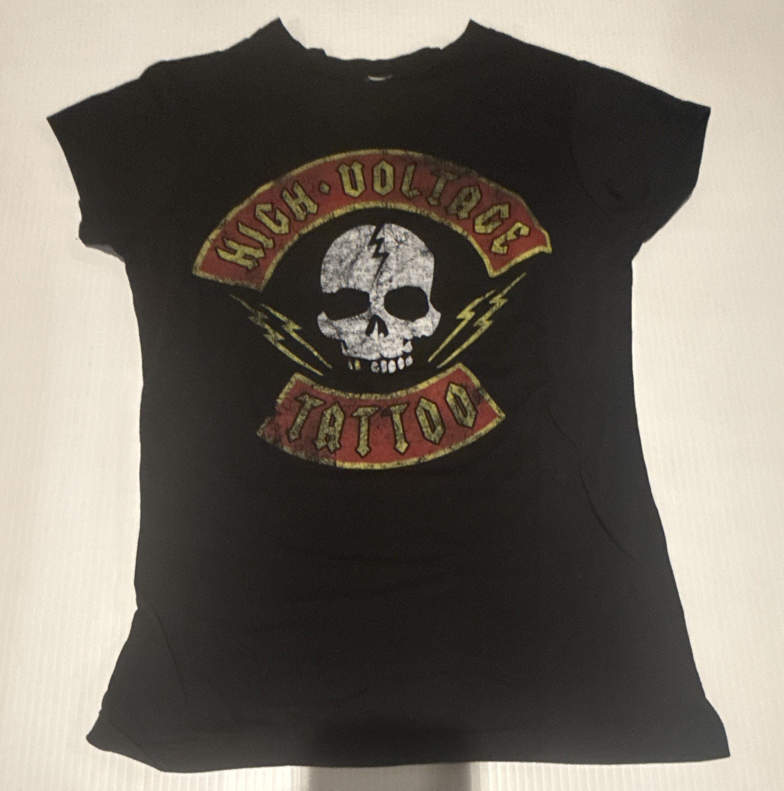 Kat Von D High Voltage Tattoo Black Skull Graphic Logo Crew Neck T-Shirt M