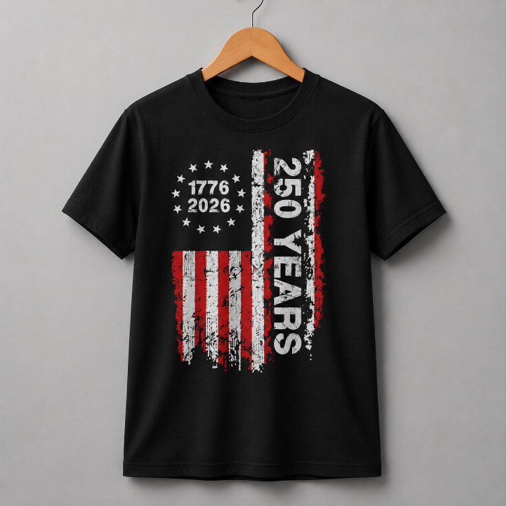 US 250 Years Semiquincentennial T-Shirt 1776 2026 American Flag Black Cotton Tee