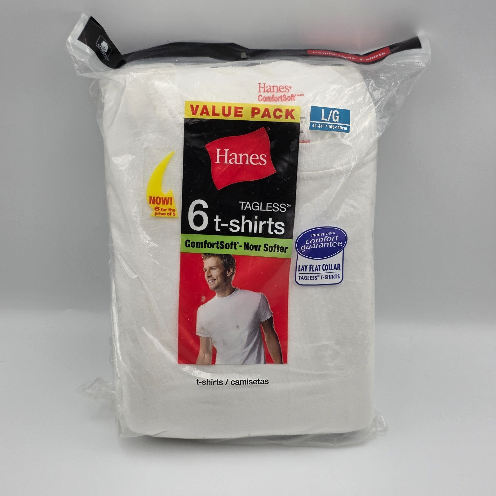 Hanes ComfortSoft Crew Neck T Shirts Mens Large 6 Pack White 100% Cotton NIP