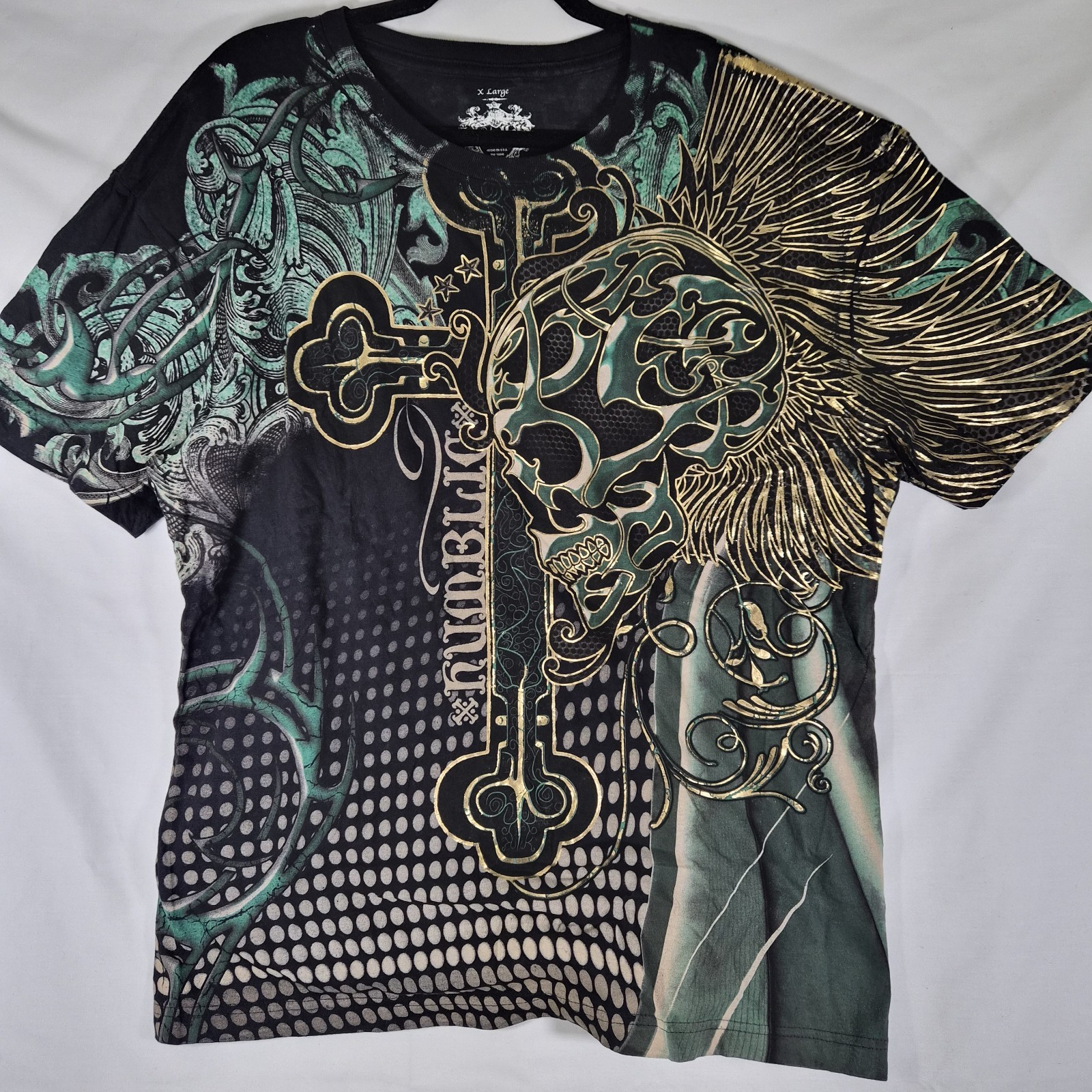 Last Hold Skull Cross Graphic T-Shirt Mens XL Black Green Gold Foil Gothic…
