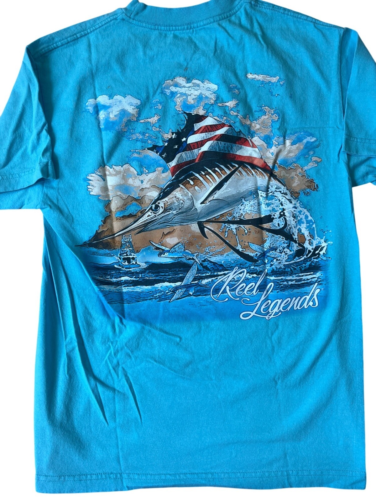 Reel Legends T Shirt Mens Medium Blue Fishing Boating USA Flag Outdoors Novelty