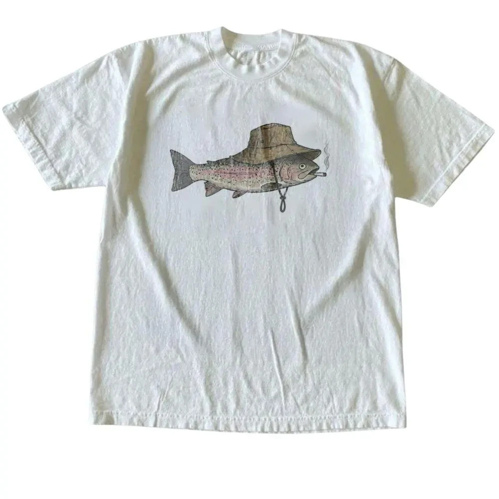 Vintage Smoking Trout Fish Graphic Unisex Tee Gift Tshirt