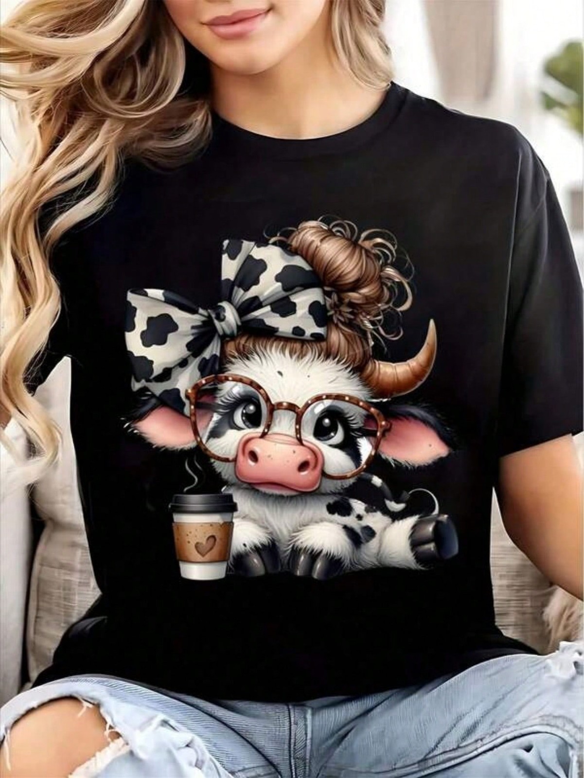 Cow Print Cute Cartoon Cow With Glasses And Coffee Cup Design