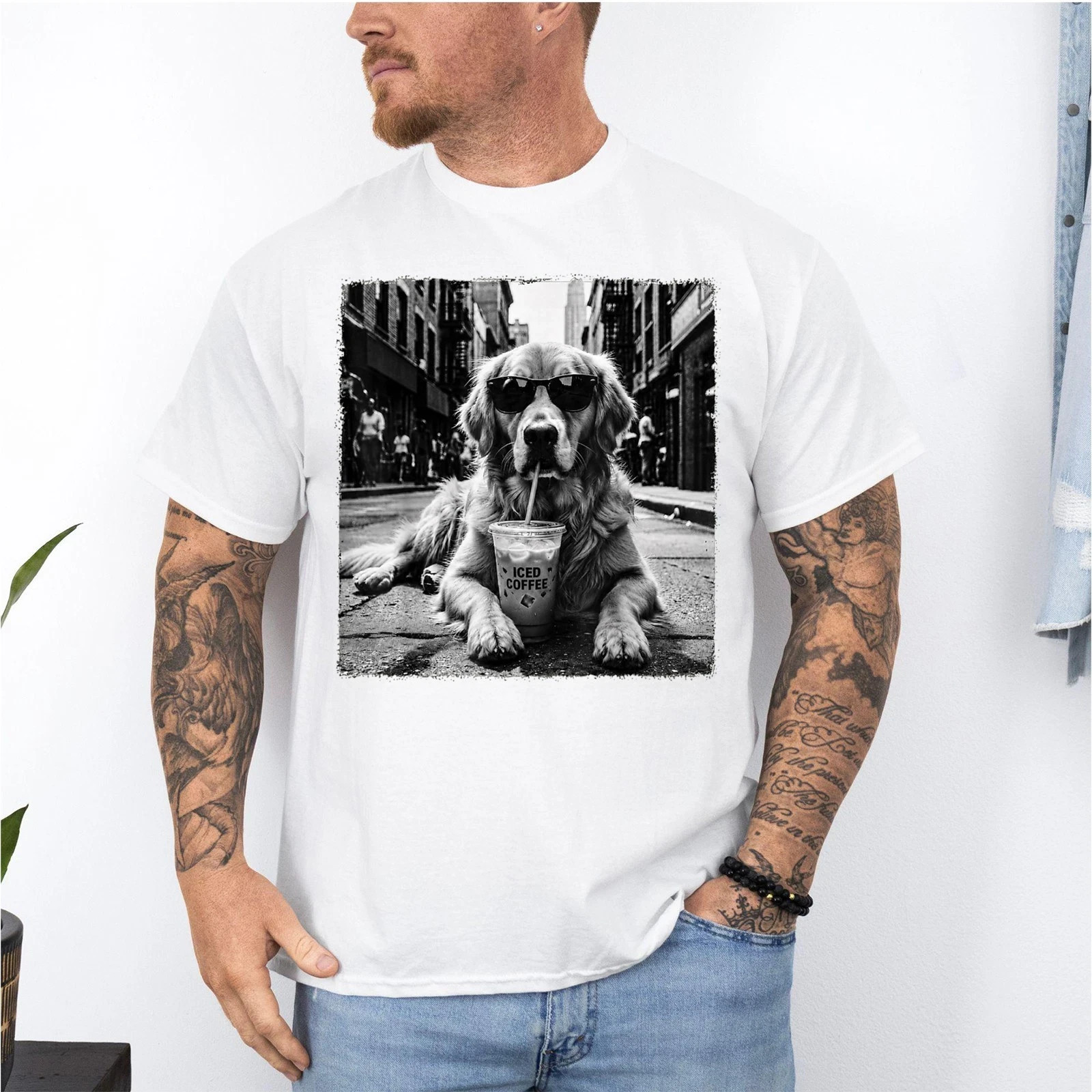 Golden Retriever Drinking Iced Milk Coffee Dog Lover Art Humor Unisex T-Shirt