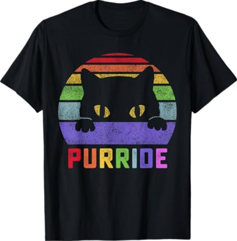 Pride Cat Purride Gay LGBTQ Rainbow Flag Retro Style T-Shirt