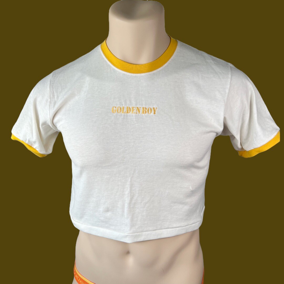 Personalizable Golden Boy custom embroidery men White ringer crop top T-shirt