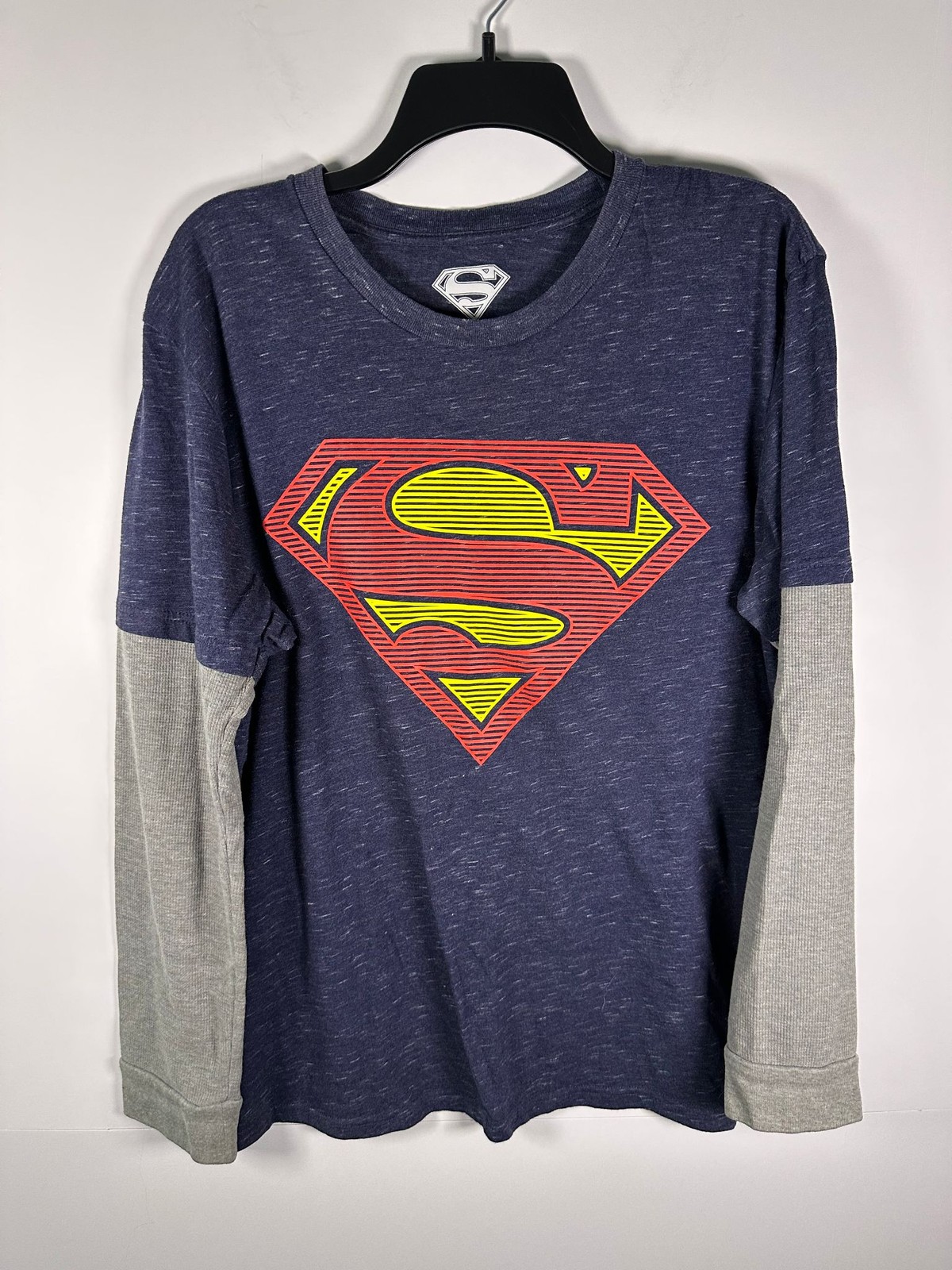 Superman Long Sleeve Shirt Mens XL Navy Gray Heather Layered Thermal Logo Tee