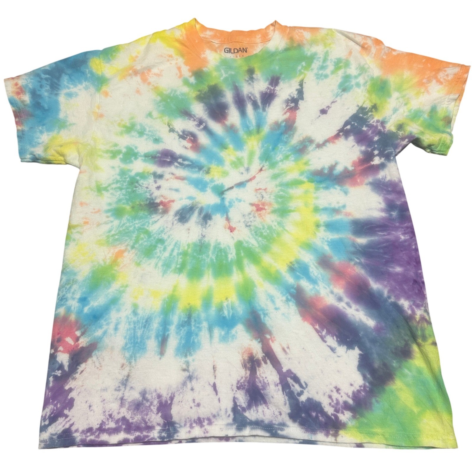 Gildan Mens Rainbow Spiral Tie Dye T-Shirt Large Multicolor Short Sleeve Cotton