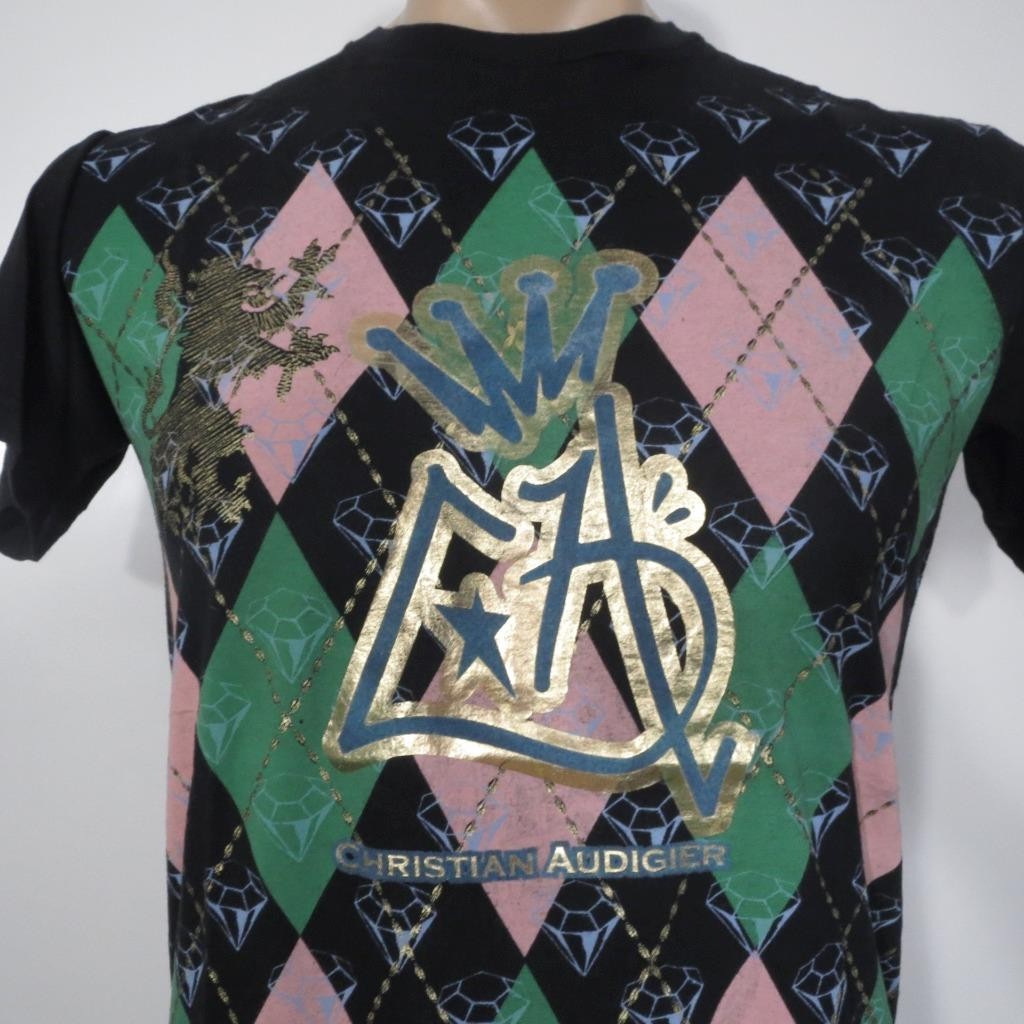 Christian Audigier SMALL Shirt Argyle Pink Green Gold Foil Ink Vintage LA