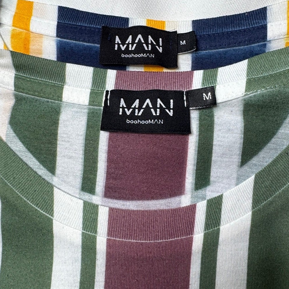 boohooMAN Mens Knit Shirt Bundle Pink Green Navy Yellow Stripe 2 Pack Medium