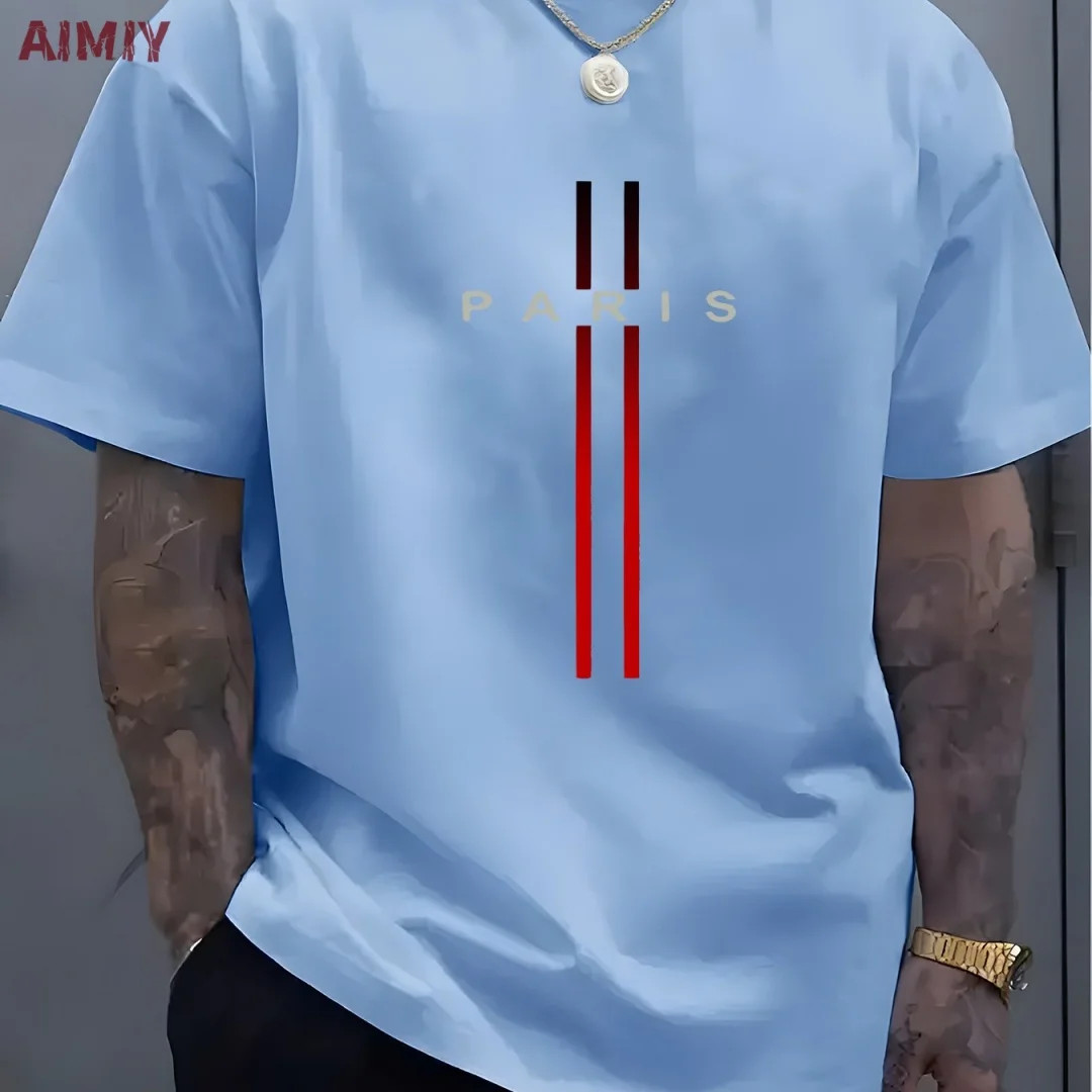 Summer Men’s T-shirt Top Casual Loose Fit Oversized T-shirt PARI Letter Pattern