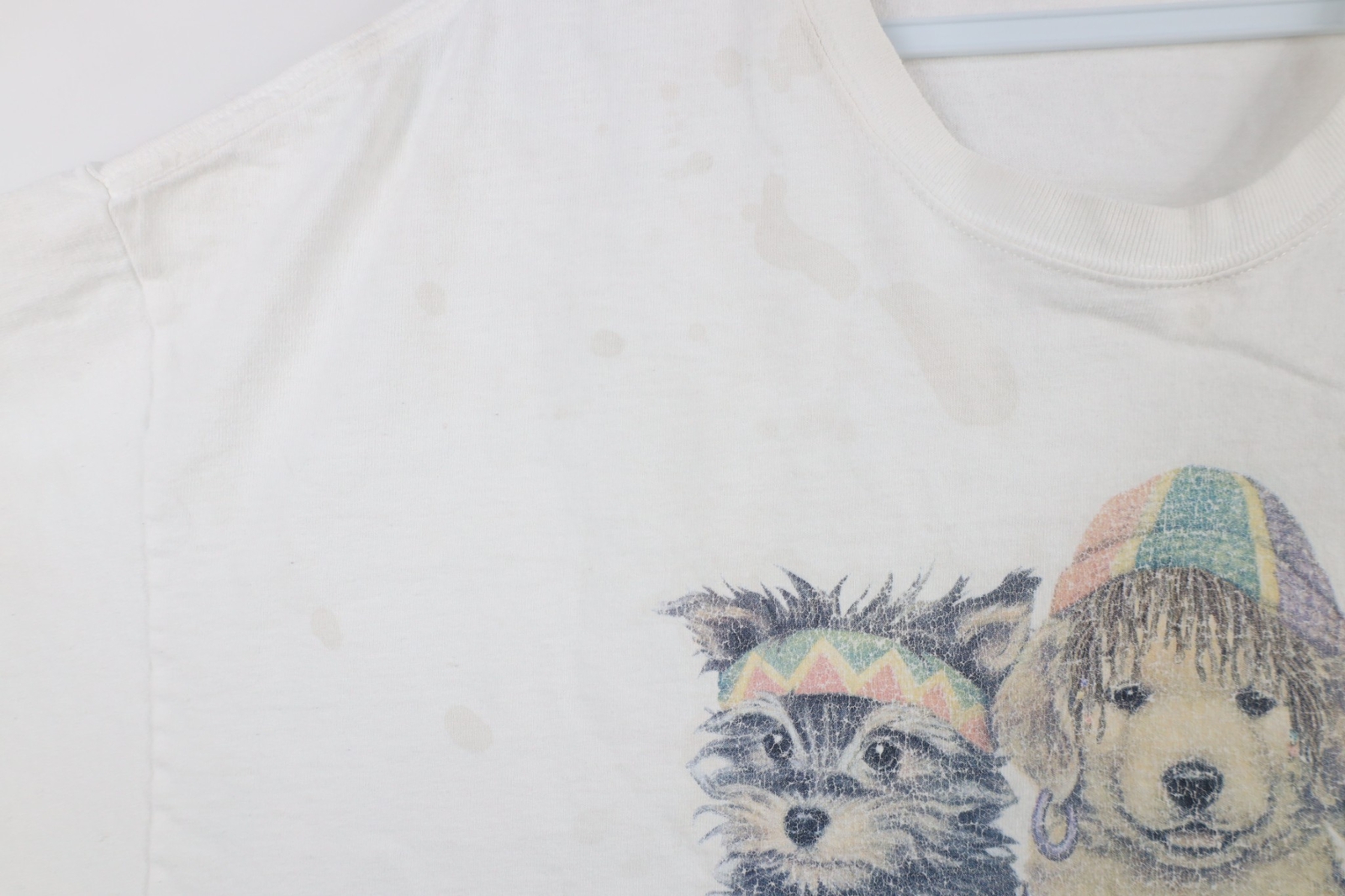 Vintage 90s Streetwear Mens XL Distressed We Be Jammin Dogs Puppy T-Shirt White