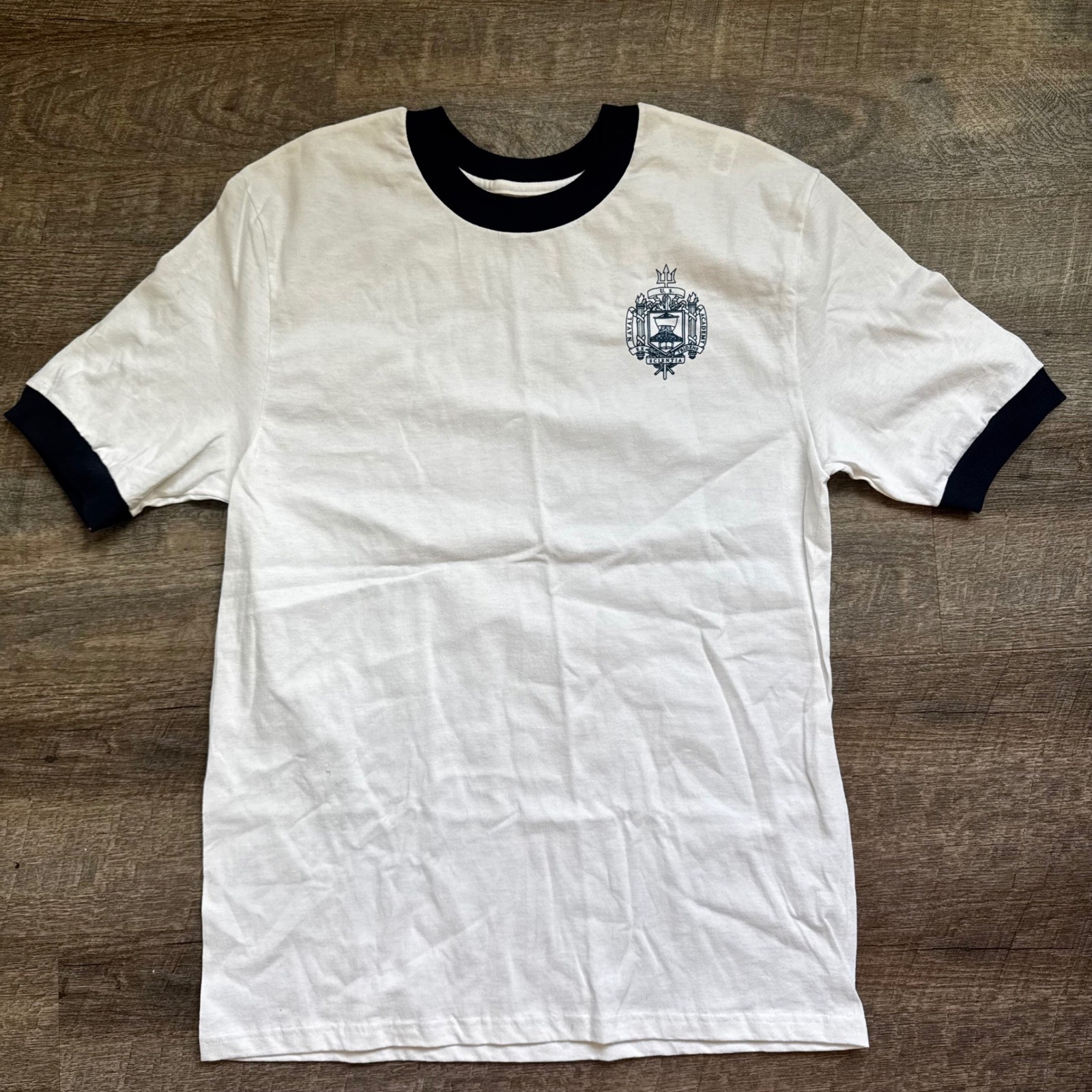 Champion US Naval Academy Ringer T-Shirt Medium Regular White Navy Crest Graphic
