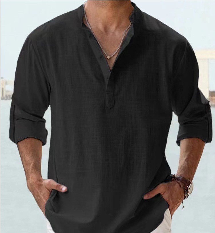 Men’s Casual Henley Shirt Long Sleeve Linen Cotton Loose Fit Summer T-Shirt
