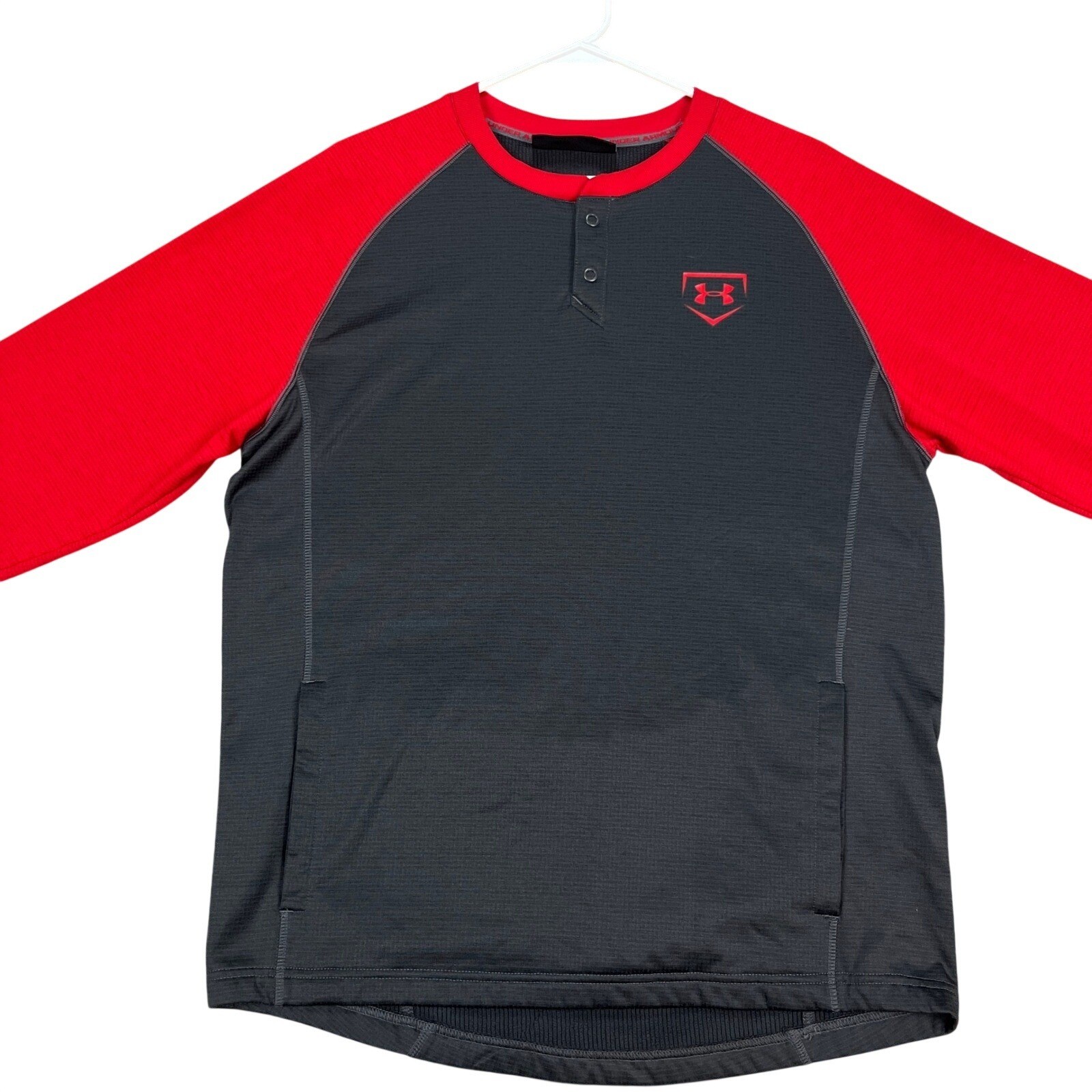 Under Armour Mens M Baseball 1/4 Pullover Shirt Red Gray Long Sleeve ColdGear