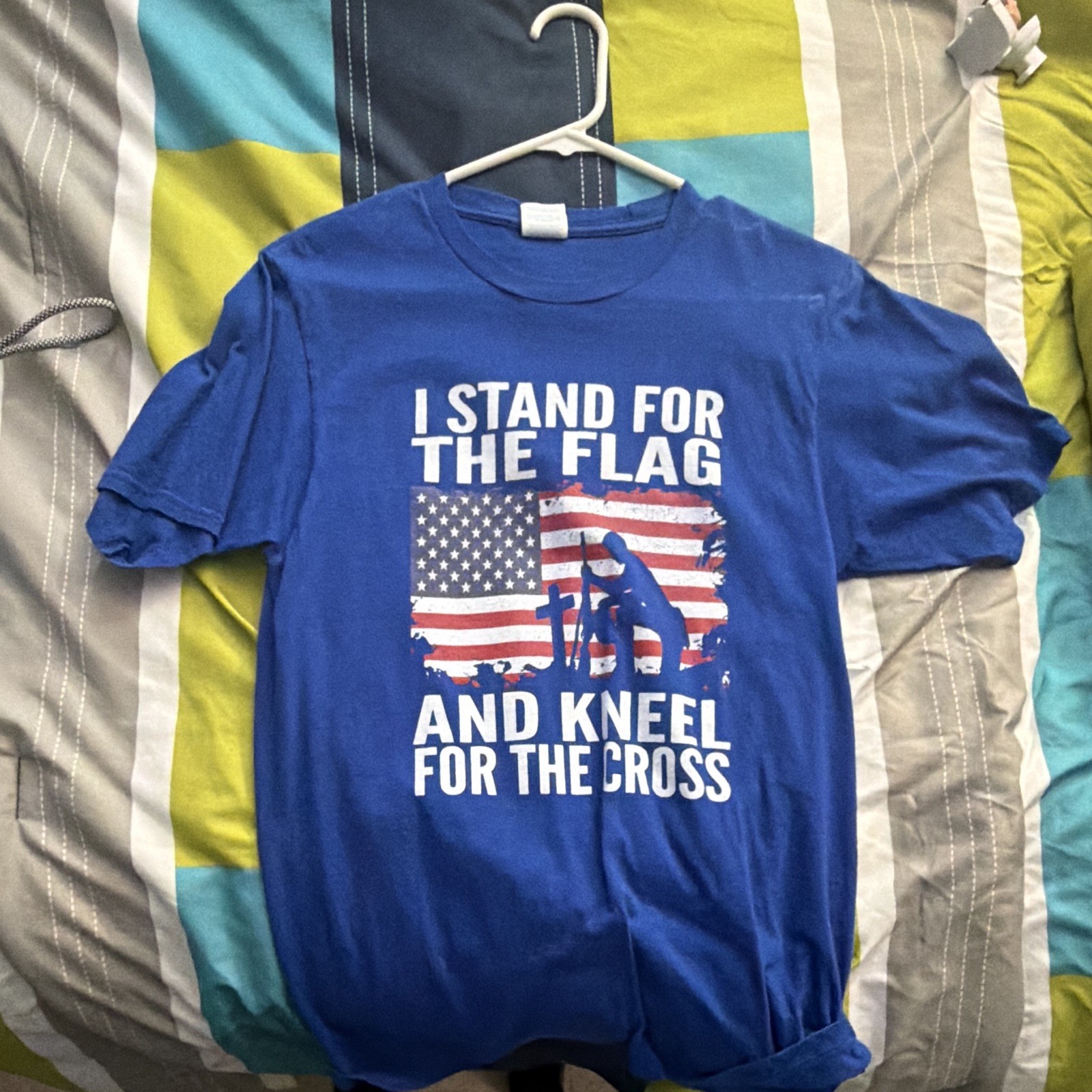 Men’s Blue Cotton Graphic Tee “I Stand For The Flag Kneel For The Cross” S
