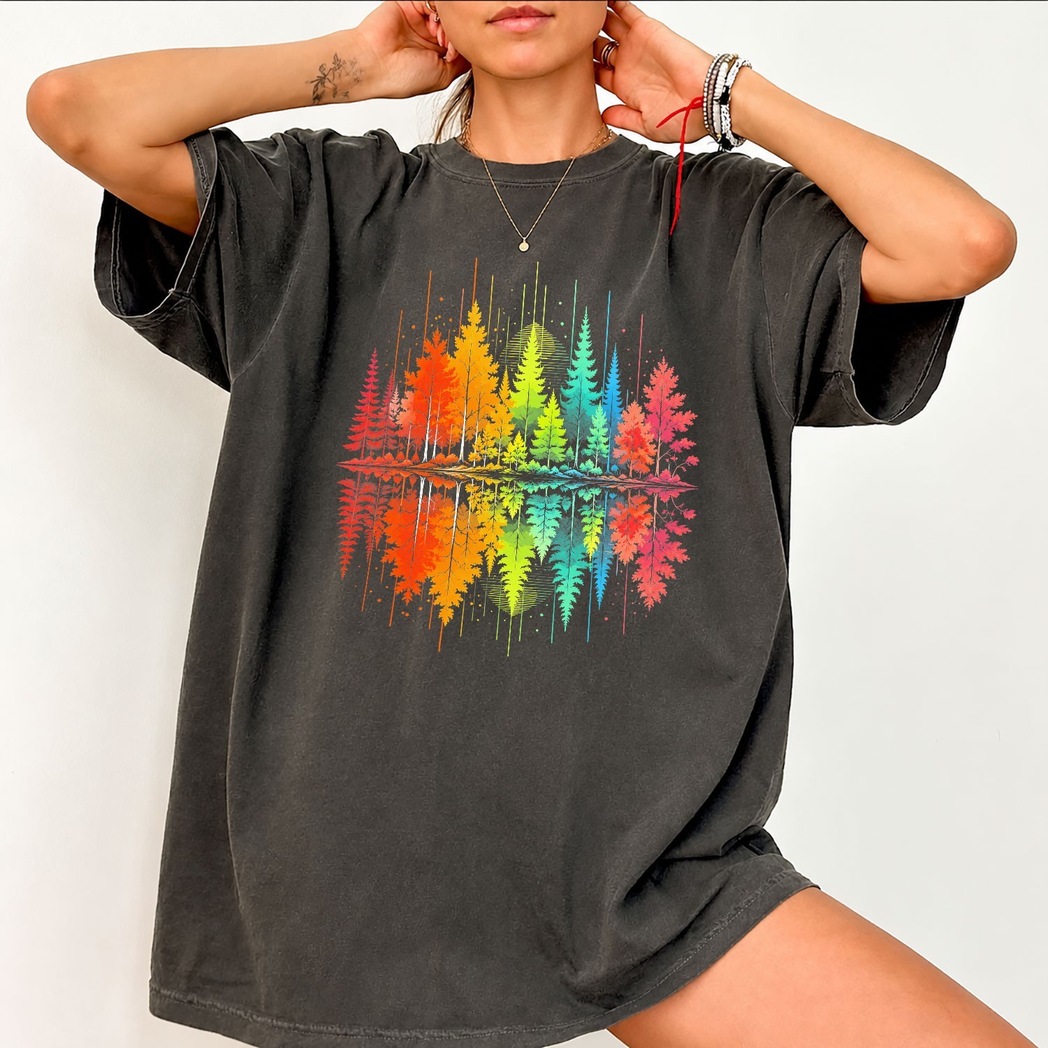 Vibrant Forest Reflection Trees Nature Inspired Unisex Colorful Gradient Shirt