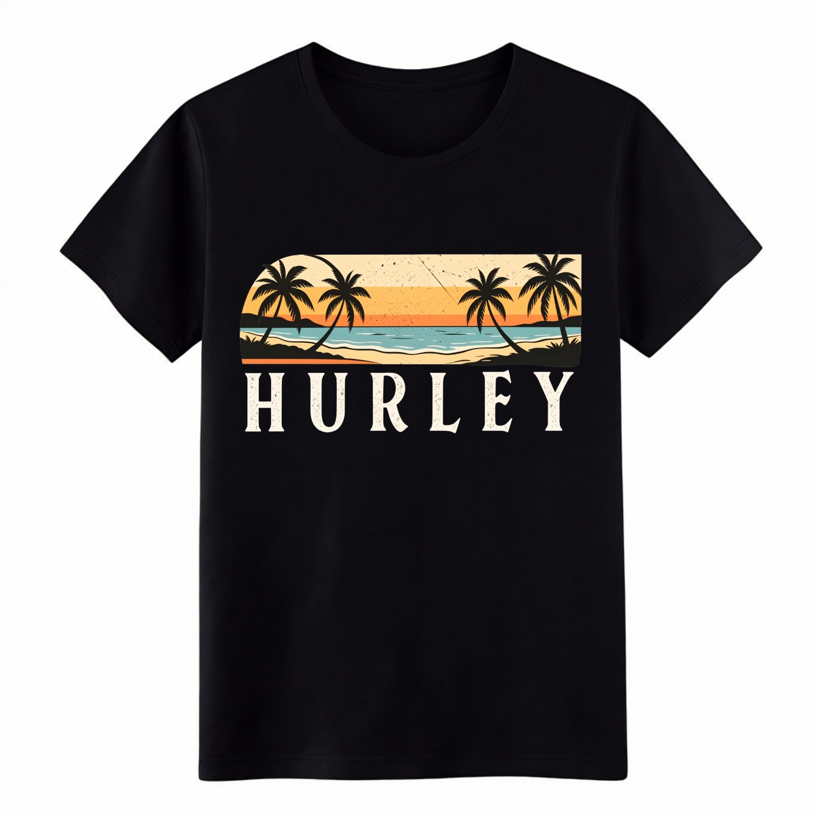 Hurley Vintage Sunset Beach T-Shirt Retro Palm Tree Unisex Casual Graphic Tee