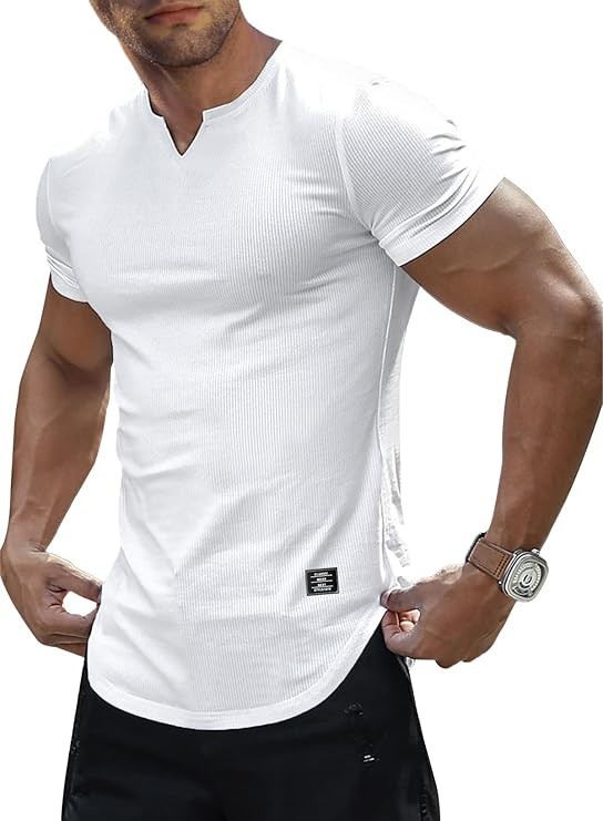 Mens Muscle Slim T Shirt V-Neck Longline Henley Shirt X-Large 1-V Neck 0 White
