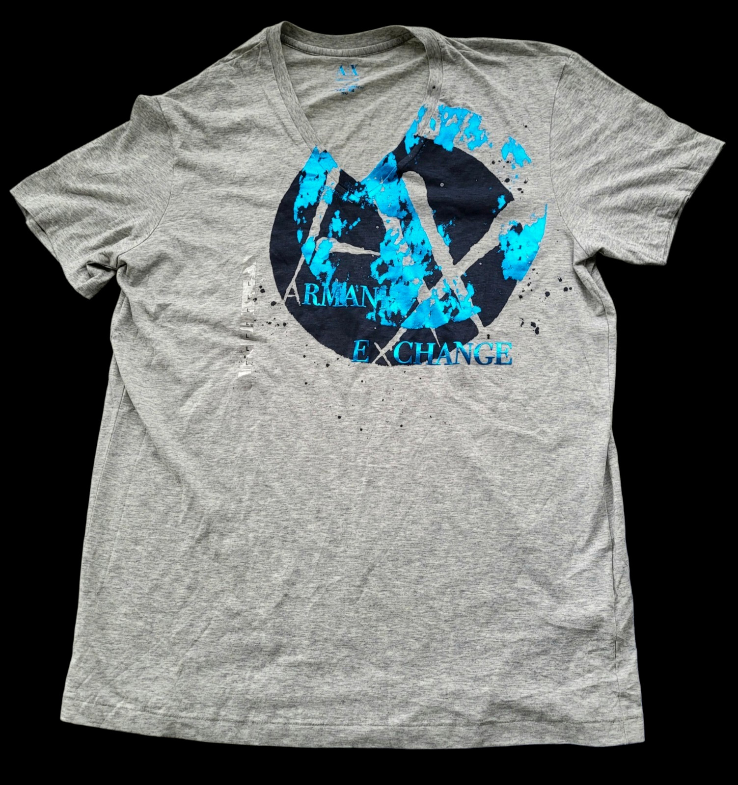 NWT Armani Exchange Heather Gray Blue Foil Graphic V Neck Logo Tee T Shirt Sz L