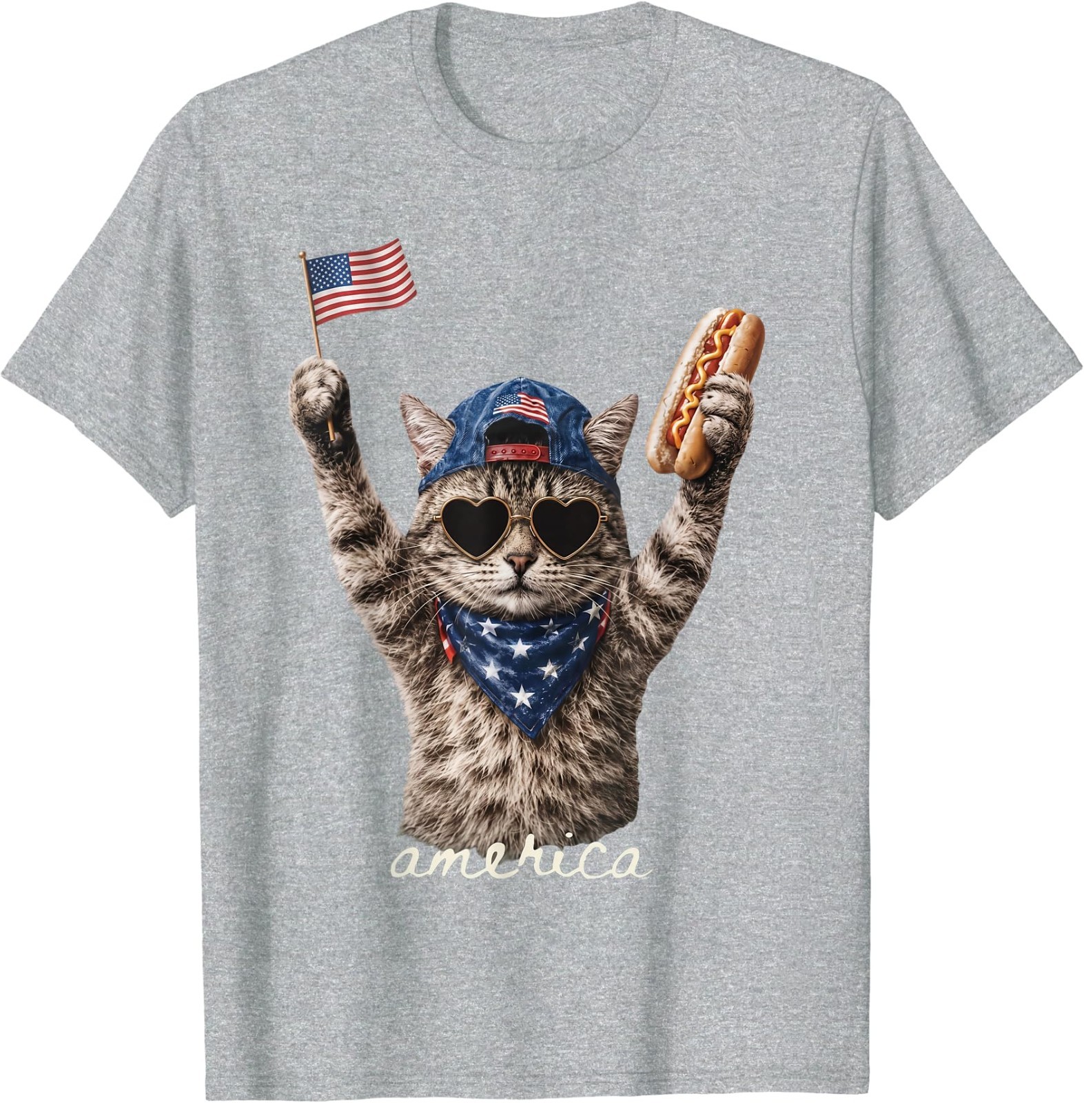 Retro Funny America Cat Hot Dog Lovers Patriotic US Flag T-Shirt