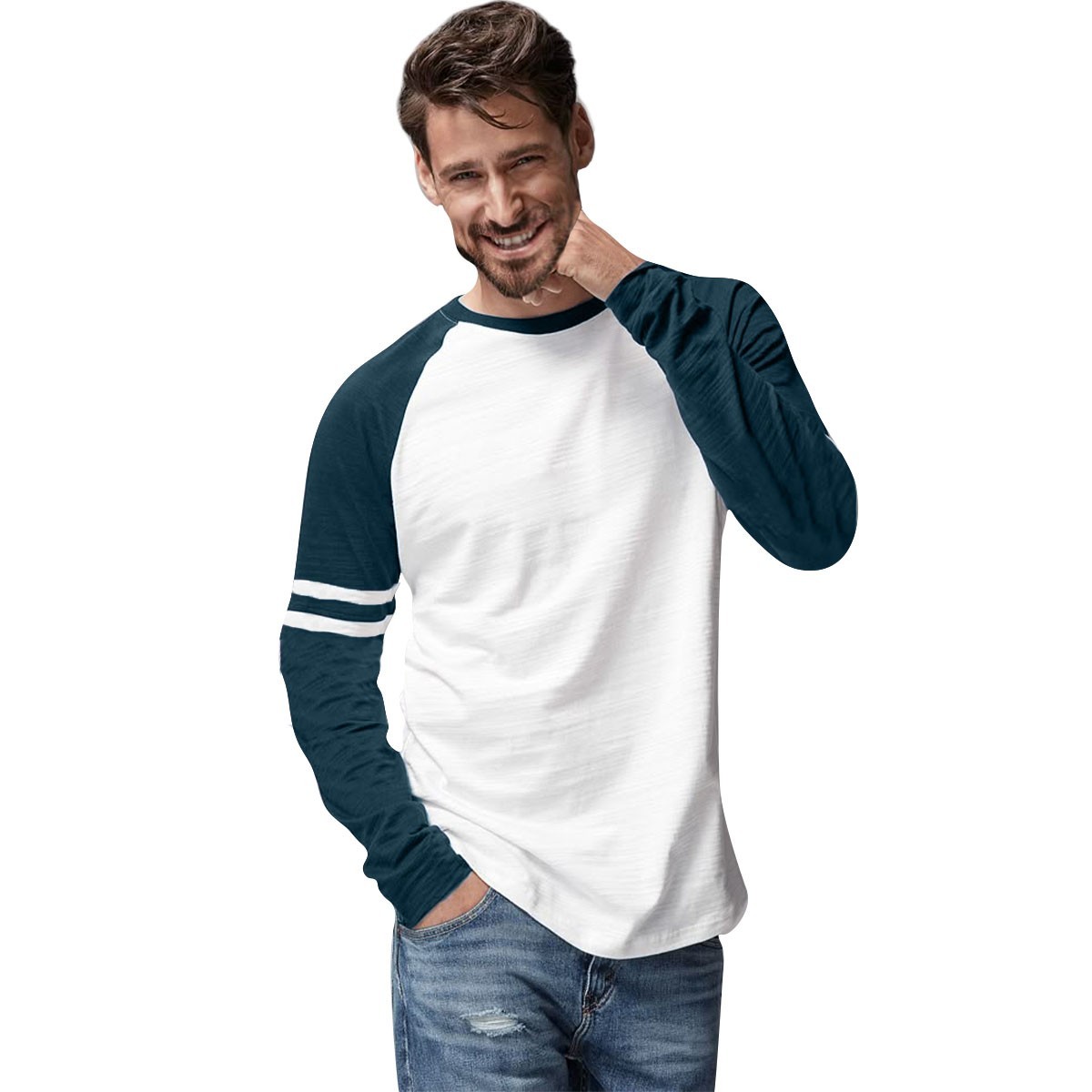 Mens Triblend Long Sleeve Baseball T-Shirt Casual Raglan Plain Contrast L/S Top