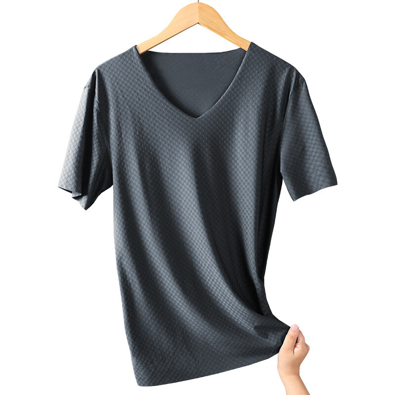 Men’s Undershirts Ice Silk T-Shirt Short Sleeve Seamless V-Neck Short Shirt