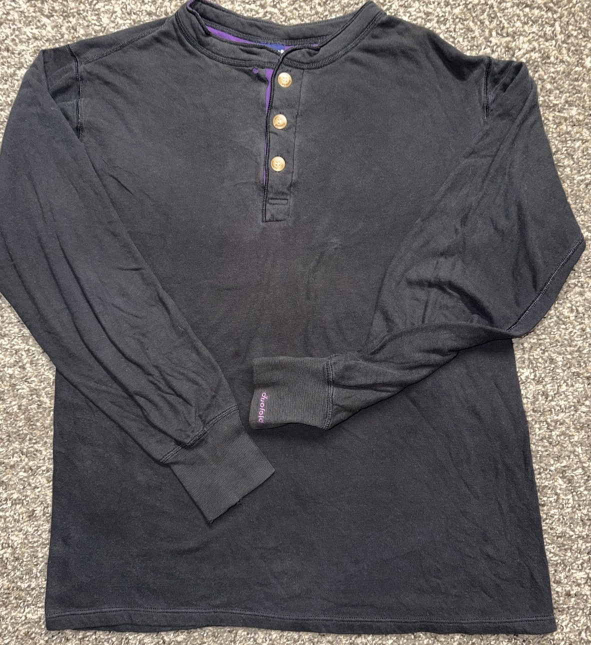 Vintage Duofold Thermal Henley Shirt Large Black Purple Made USA Long Sleeve