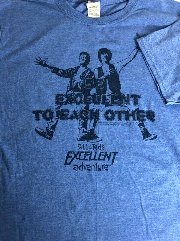 Bill & Ted Excellent Adventure Gildan Graphic T-Shirt Blue Crew Neck Tee Size L