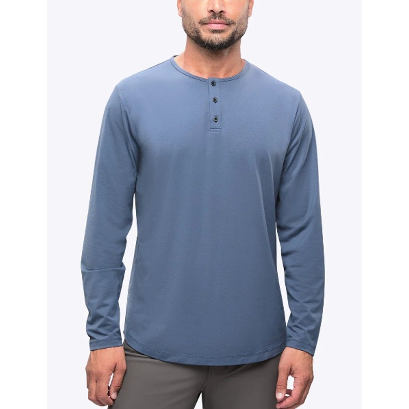 CUTS Long Sleeve Curve-Hem Henley T-Shirt Top Atlantic Blue Large