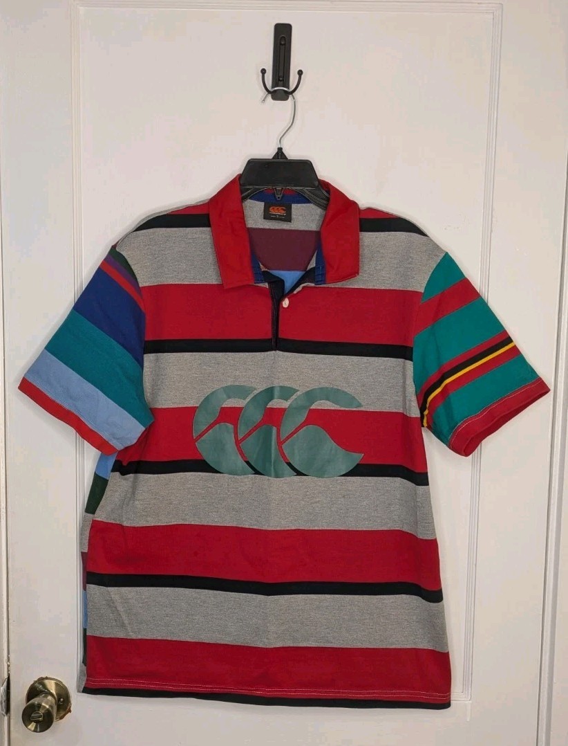 Canterbury Shirt Mens Large Striped Multicoloured Polo Rugy Shirt Short Sleeve