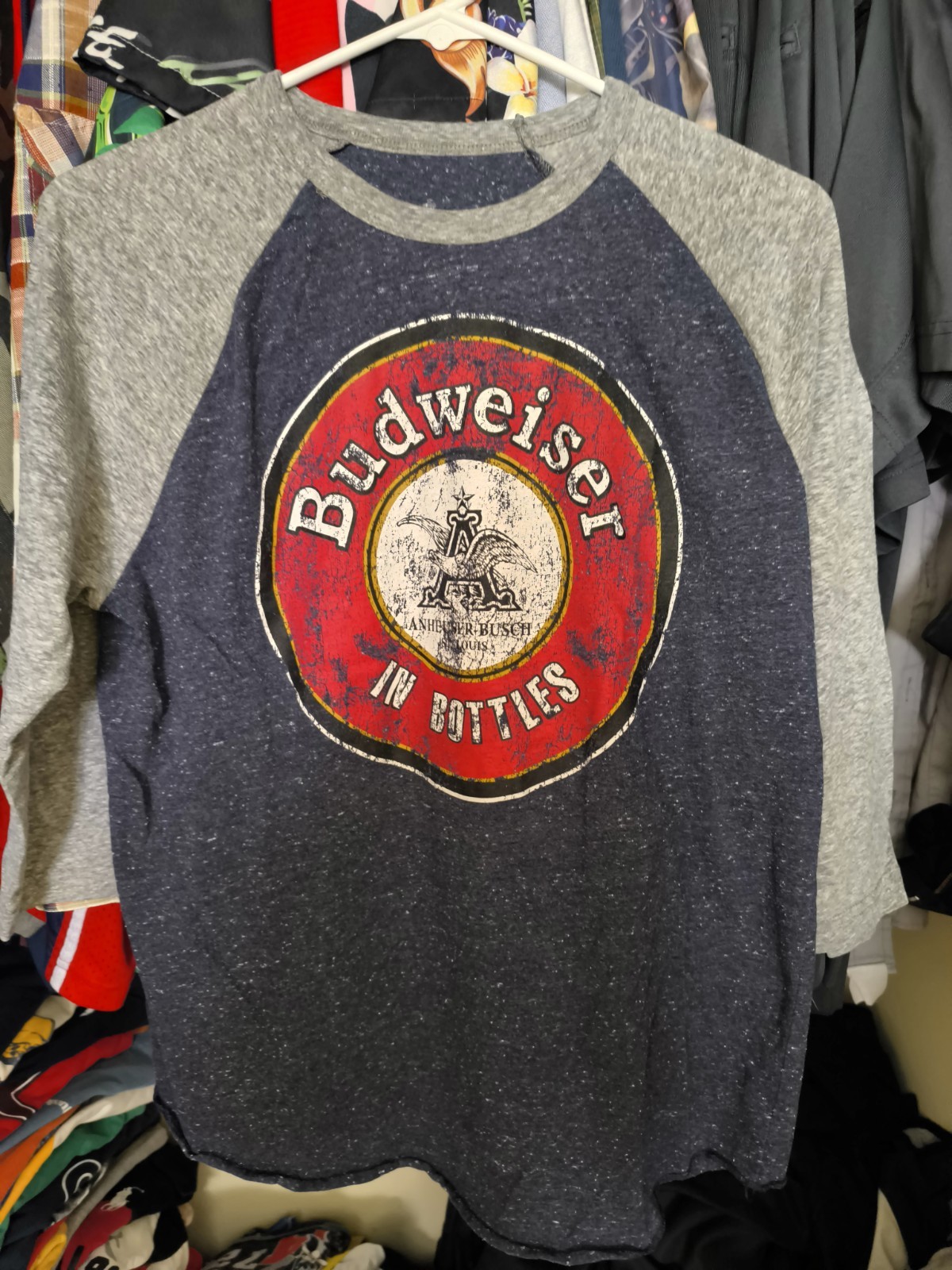 Budweiser beer in bottles graphic 3/4 raglan two tone baseball tee shirt medium