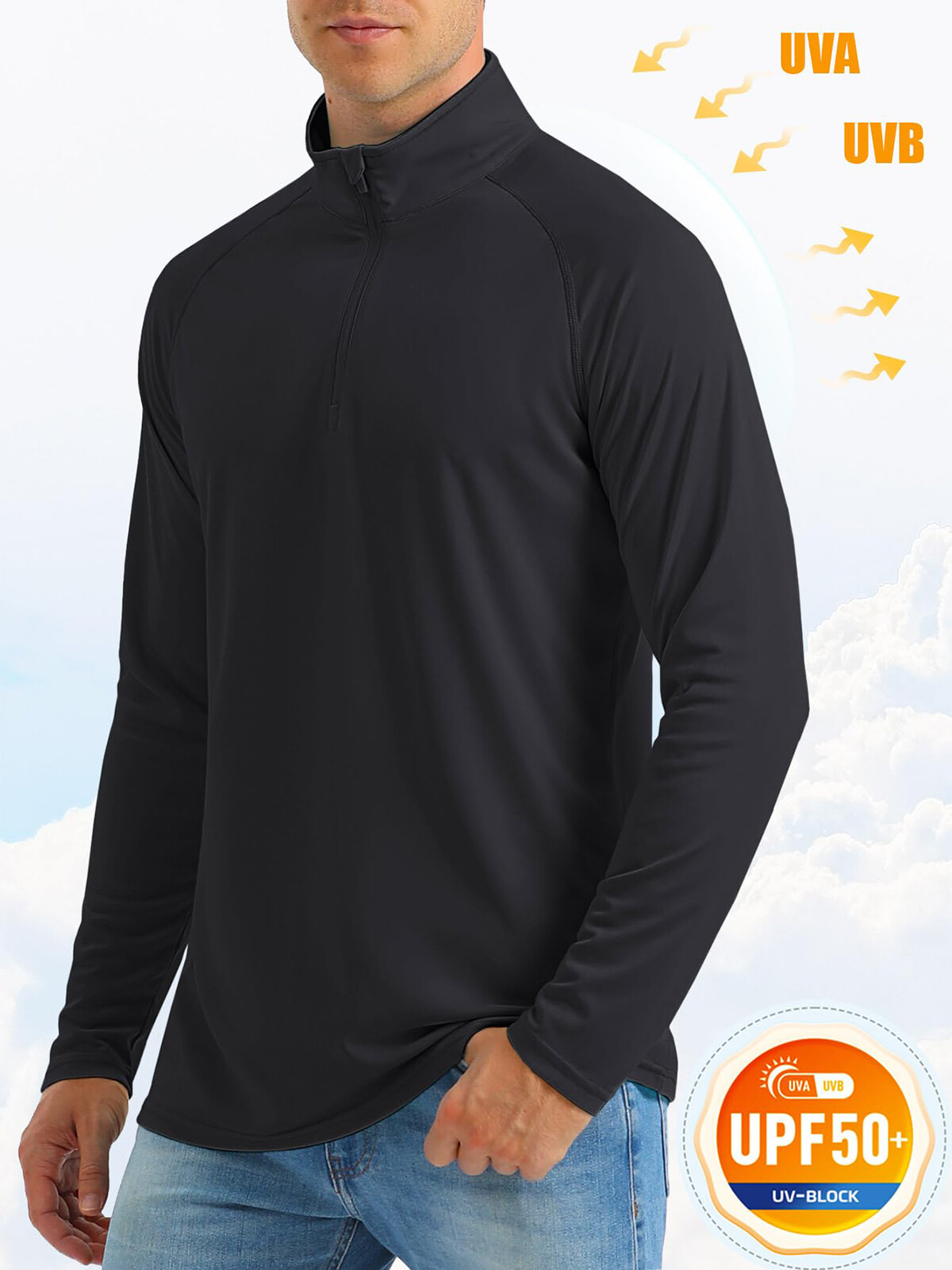 Mens Long Sleeve Shirt 1/4 Zip Sun Protection Shirts UPF 50+ Outdoor Hiking Tops