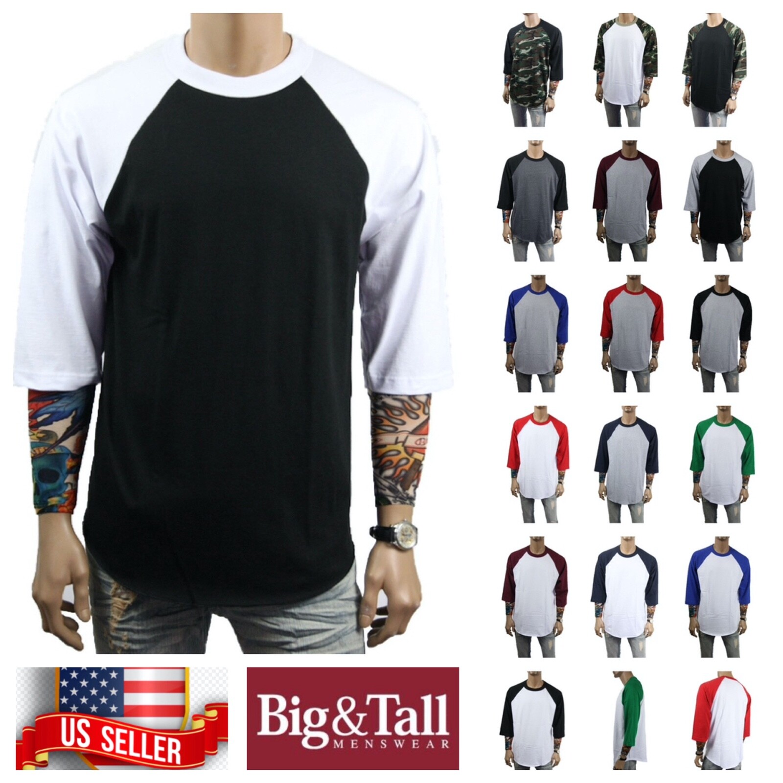 Men S-3XL Baseball Plain T-Shirt Lot 3/4 Sleeve Raglan Crew Neck Sports Jersey