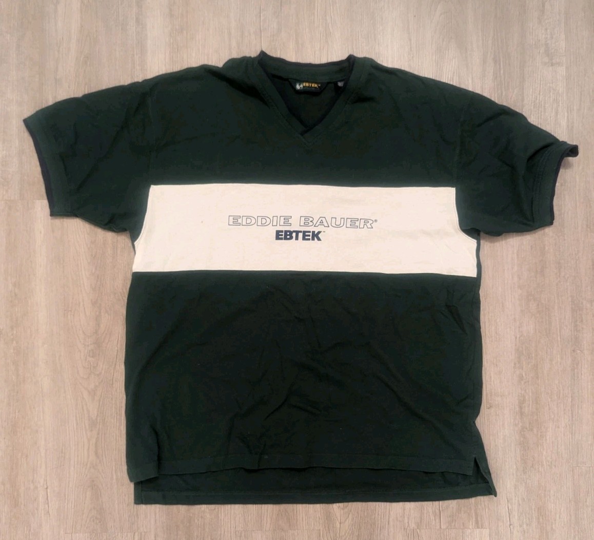 Eddie Bauer EBTEK Vintage Y2K Men’s L Green/White Colorblock V-Neck Logo T-Shirt
