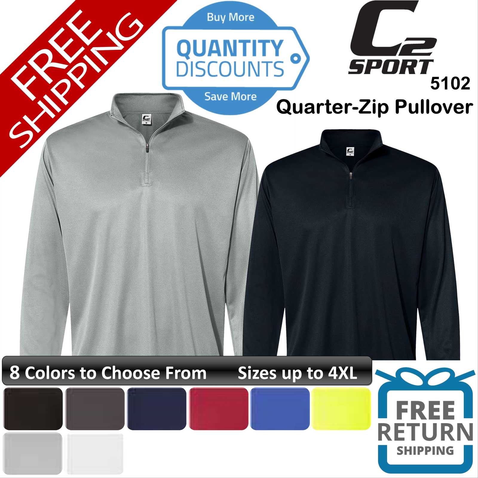 🔥 C2 Sport Men Quarter-zip Pullover Shirt Performance Fabric Up To 4XL 5102