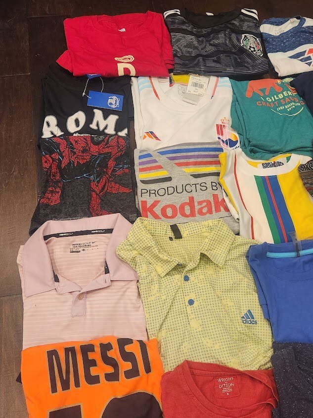 Mystery T-Shirt & Assorted Apparel Box (8 Total) Mixed Sizes and Brands