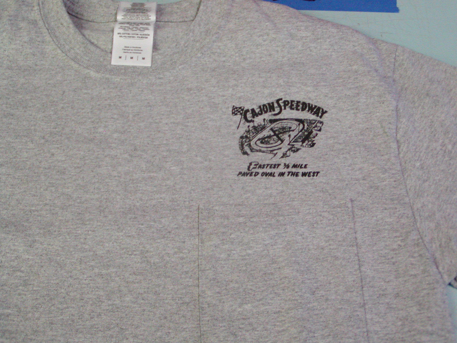 Cajon Speedway Pocket T-Shirts Vintage Logo on Back and above pocket 100% Cotton