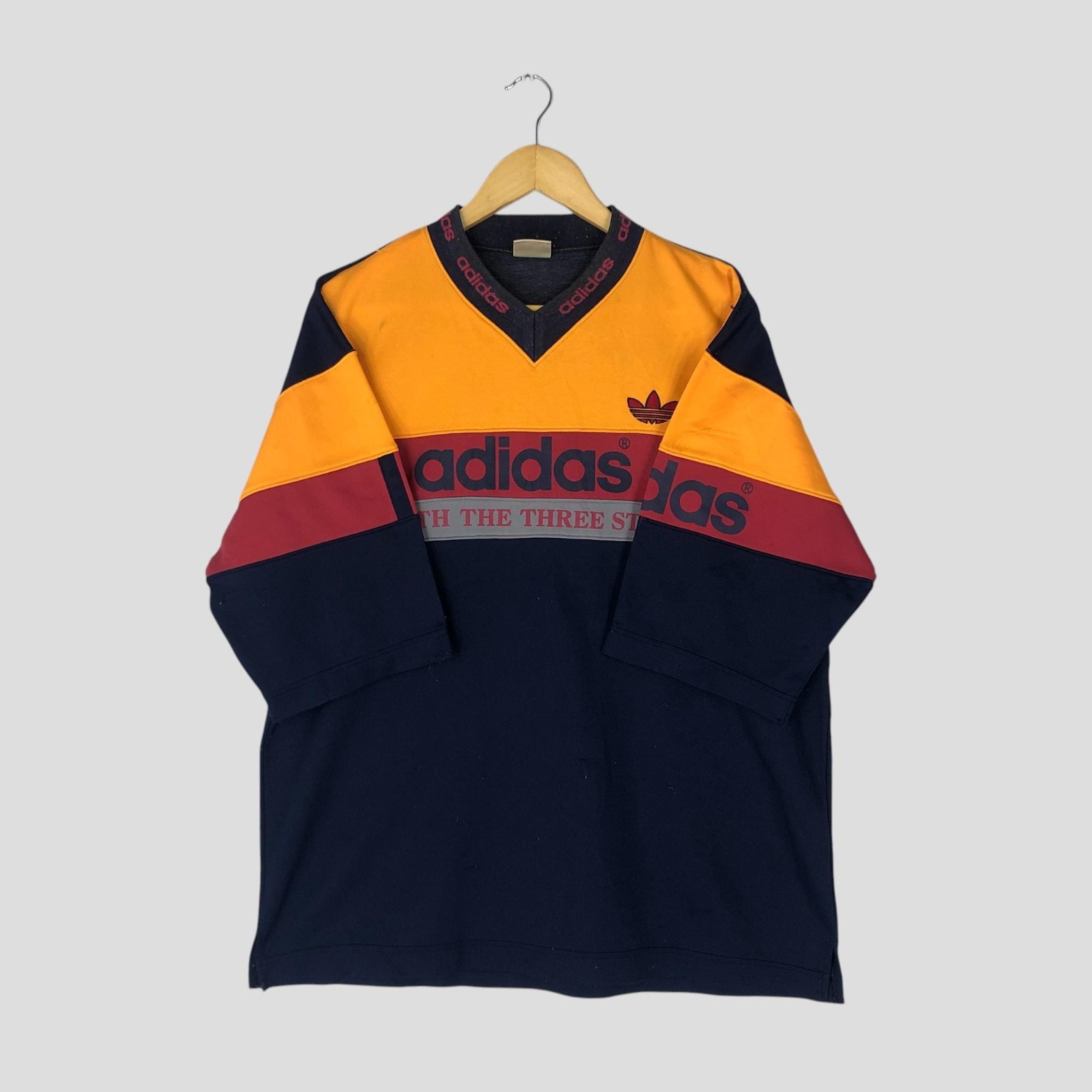 Vintage 90s Adidas Trefoil Jersey Tee – Large Colourblock V Neck