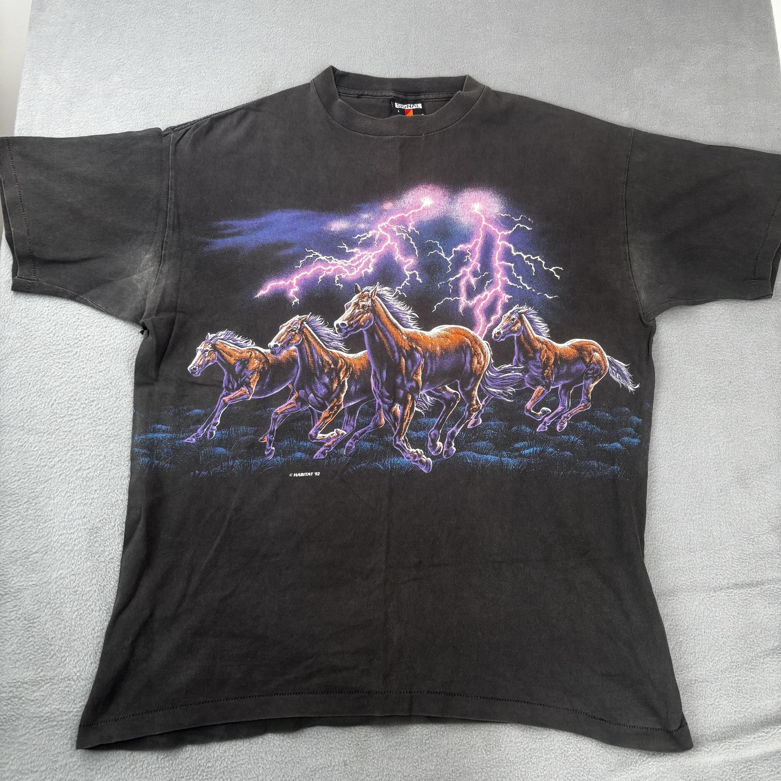Vintage Signal Sport Shirt Mens Large Black Horses Lightning Double Sided 1992