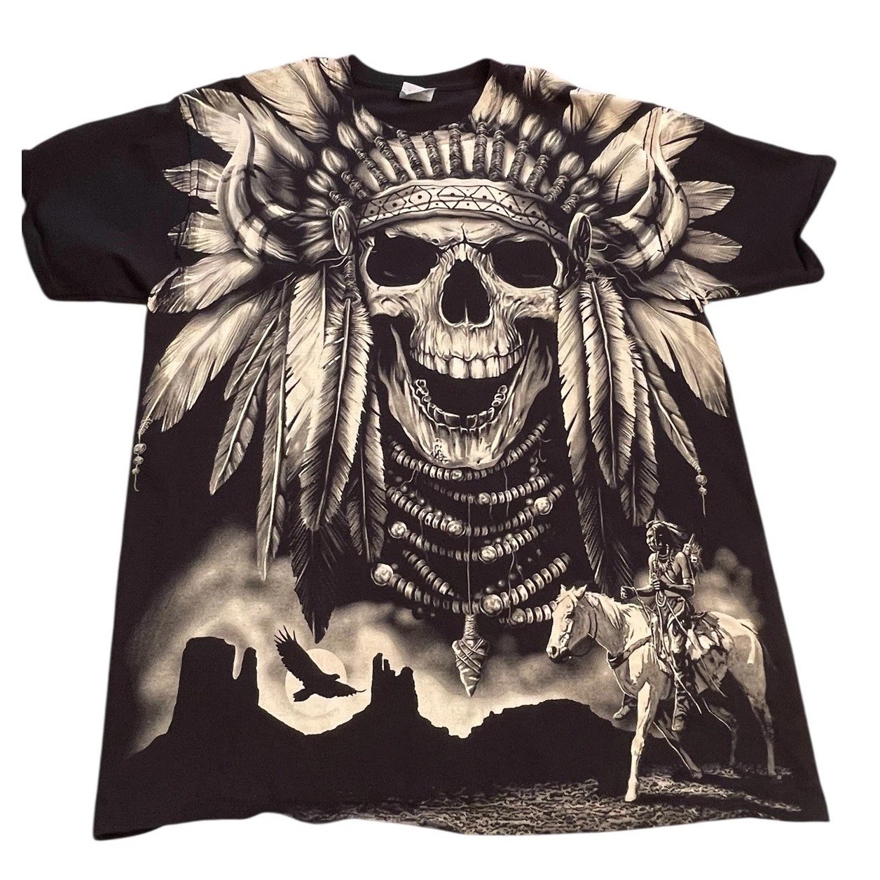 Native American Skull Indian Head Dress Warrior Graphic Shirt Mens Size Large