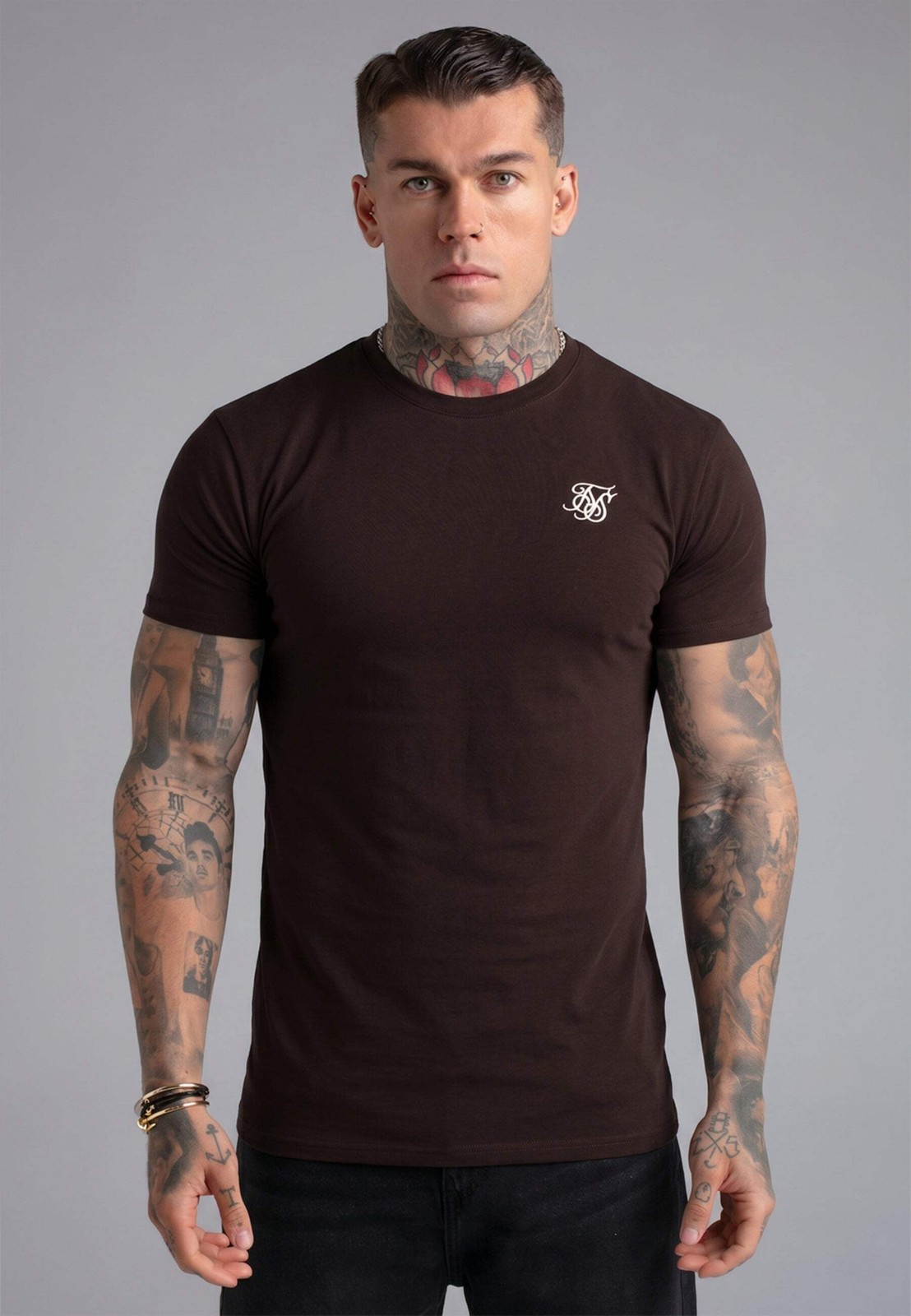 SikSilk Men’s Muscle Fit Crew Neck Essentials T-Shirt Tee Brown