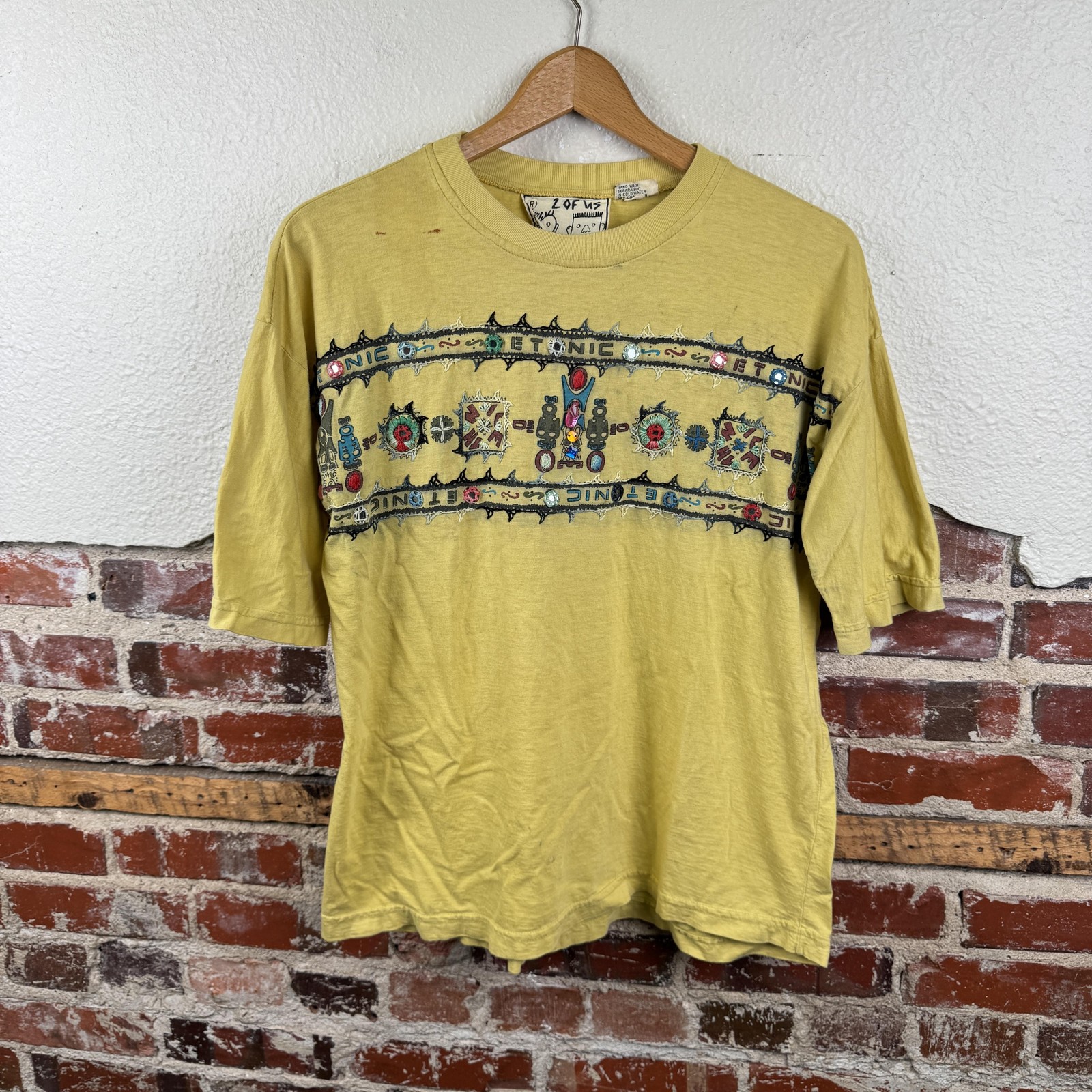 Vintage 2 Of Us Shirt Size Medium Yellow Ethnic Beaded Embroidered Boho 90s
