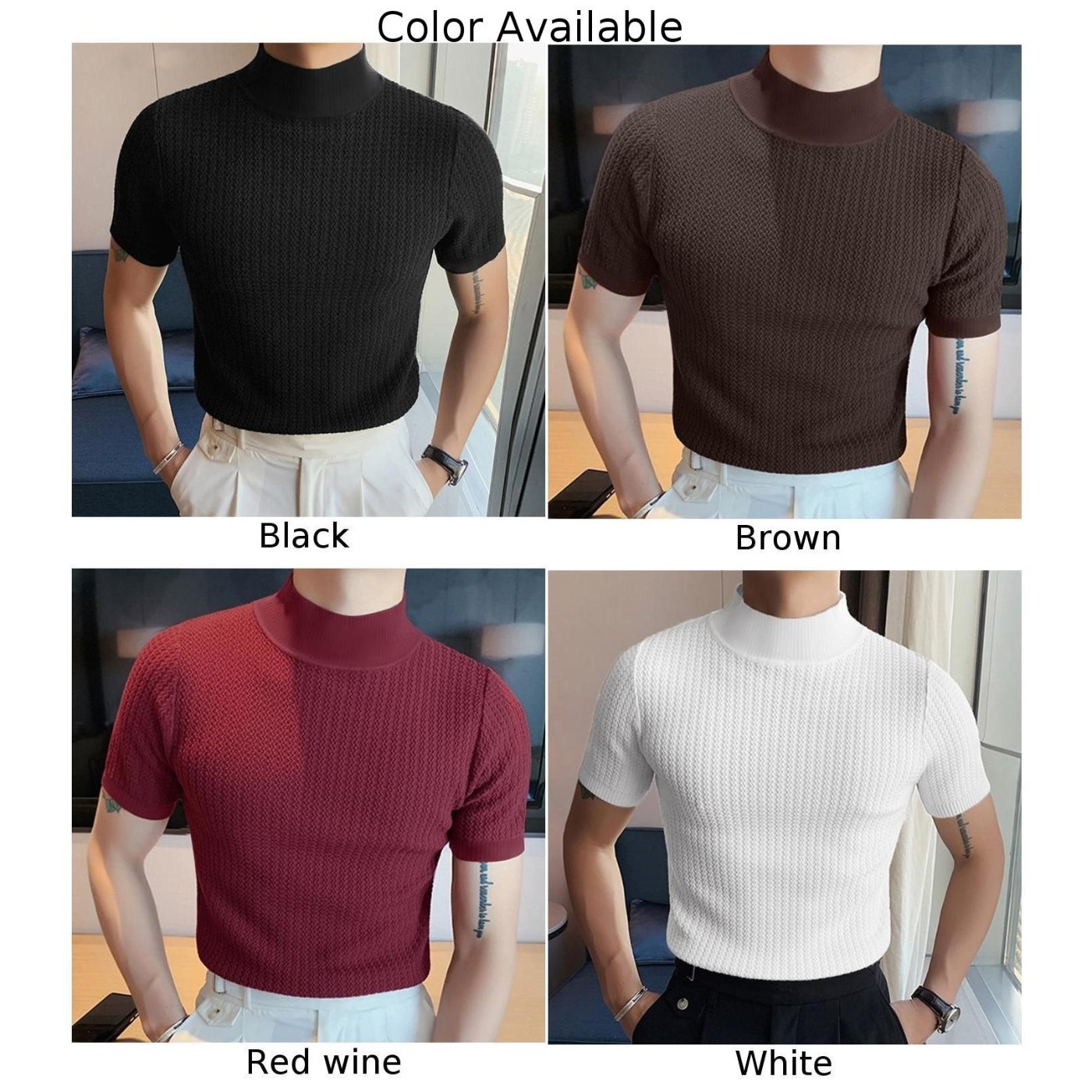 Men Mock Turtleneck Pullover T-Shirt Tops Knitted-Sweater Slim Fit Tops Tee