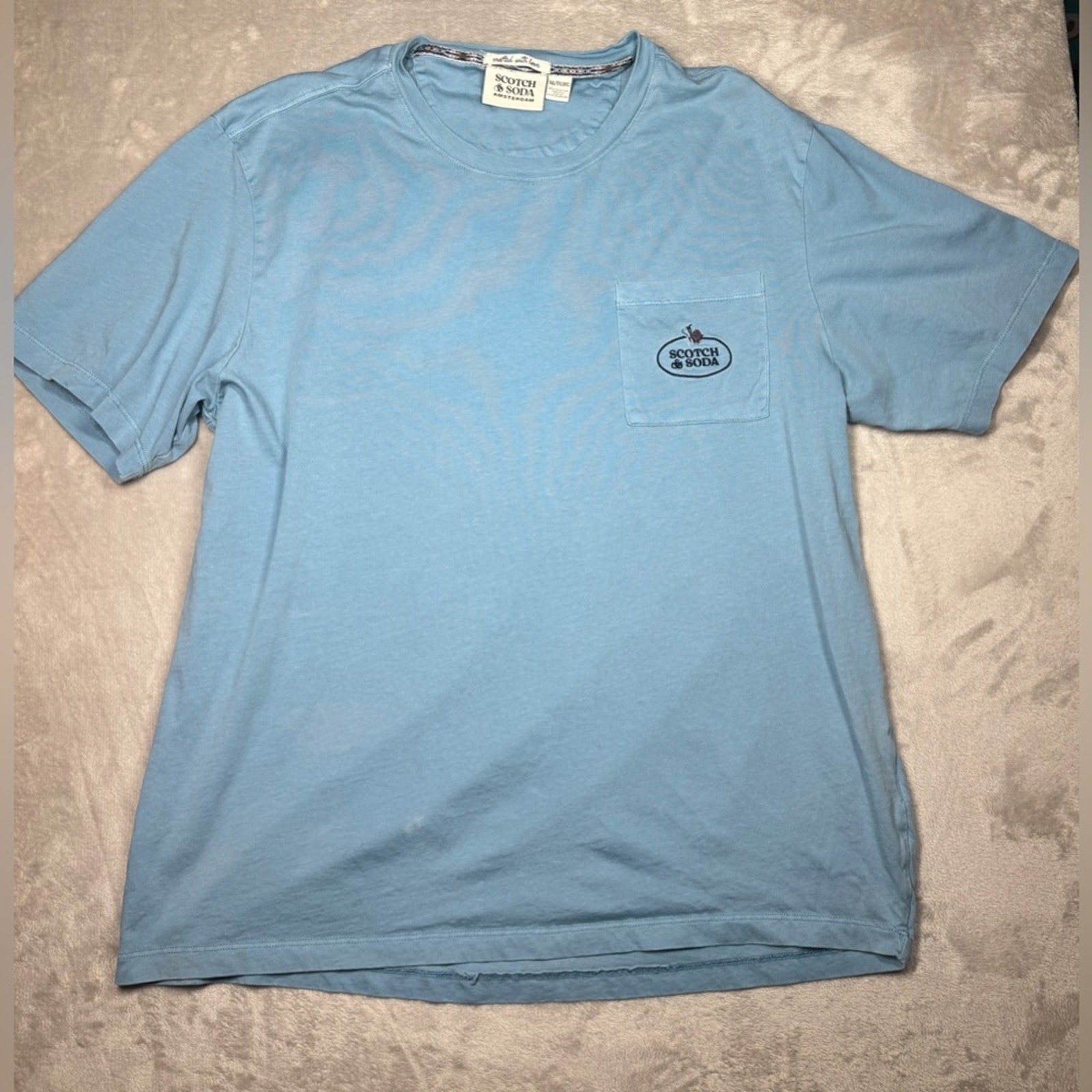 Scotch & Soda Men’s Garment Dyed Blue Embroidered 100% Cotton Pocket T-Shirt XL