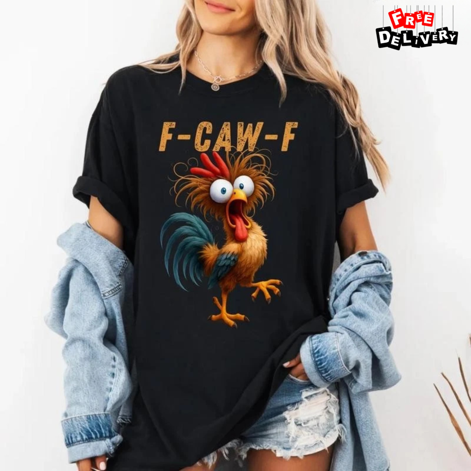 F-CAW-F Chicken Funny Rooster Meme Shirt Silly Farm Animal Humor Graphic Tee