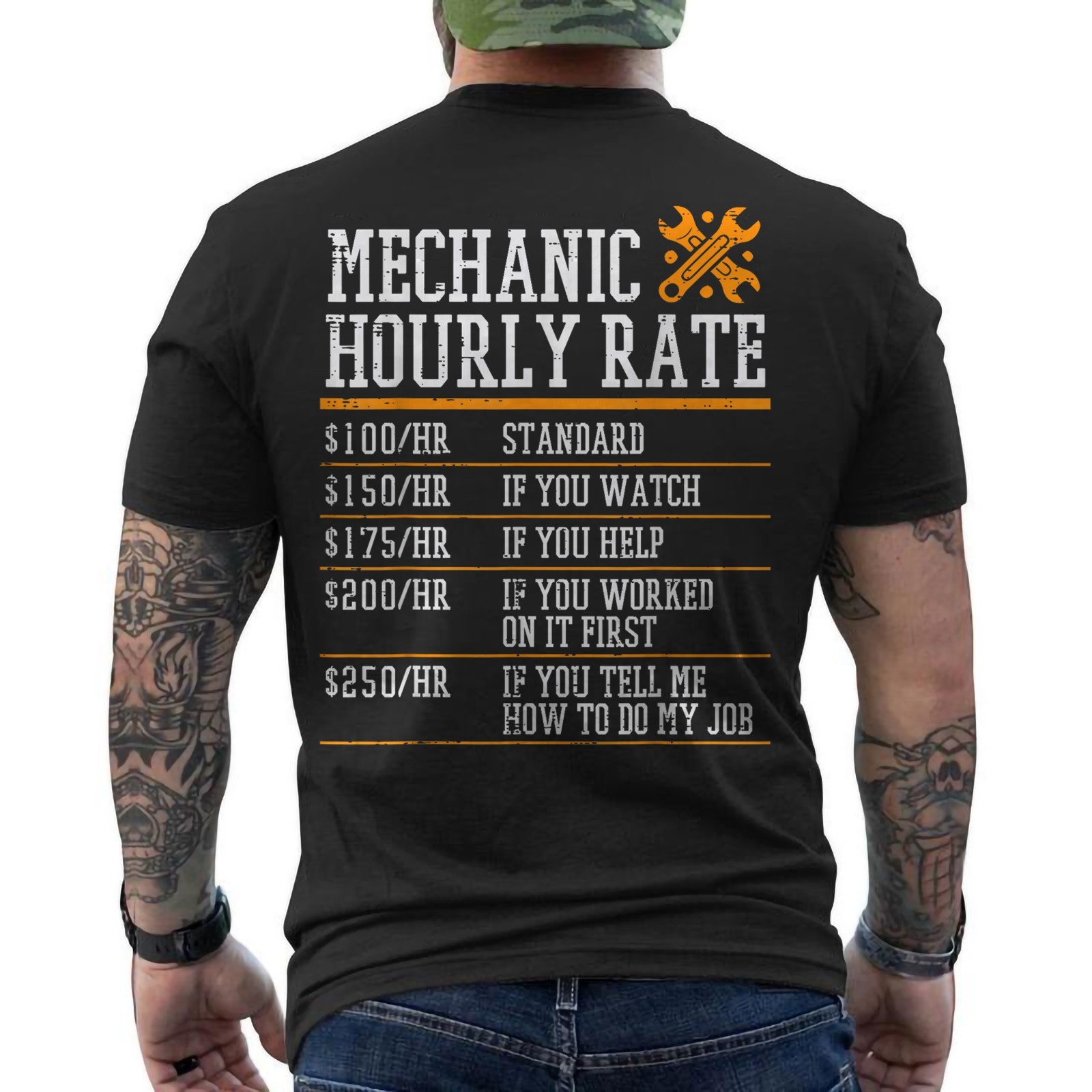 Mechanic Hourly Rate Funny Car Guy Automotive Joke Unisex ON BACK T-Shirt