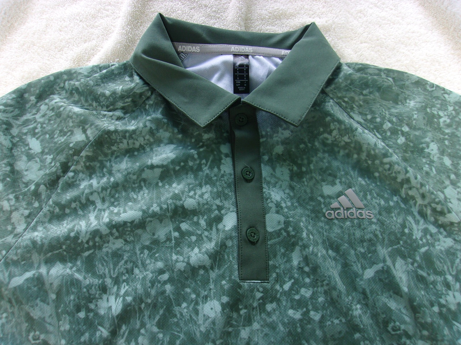 NWT Adidas polo, men’s S, or L, camo green, polyester, pointed collar, $65
