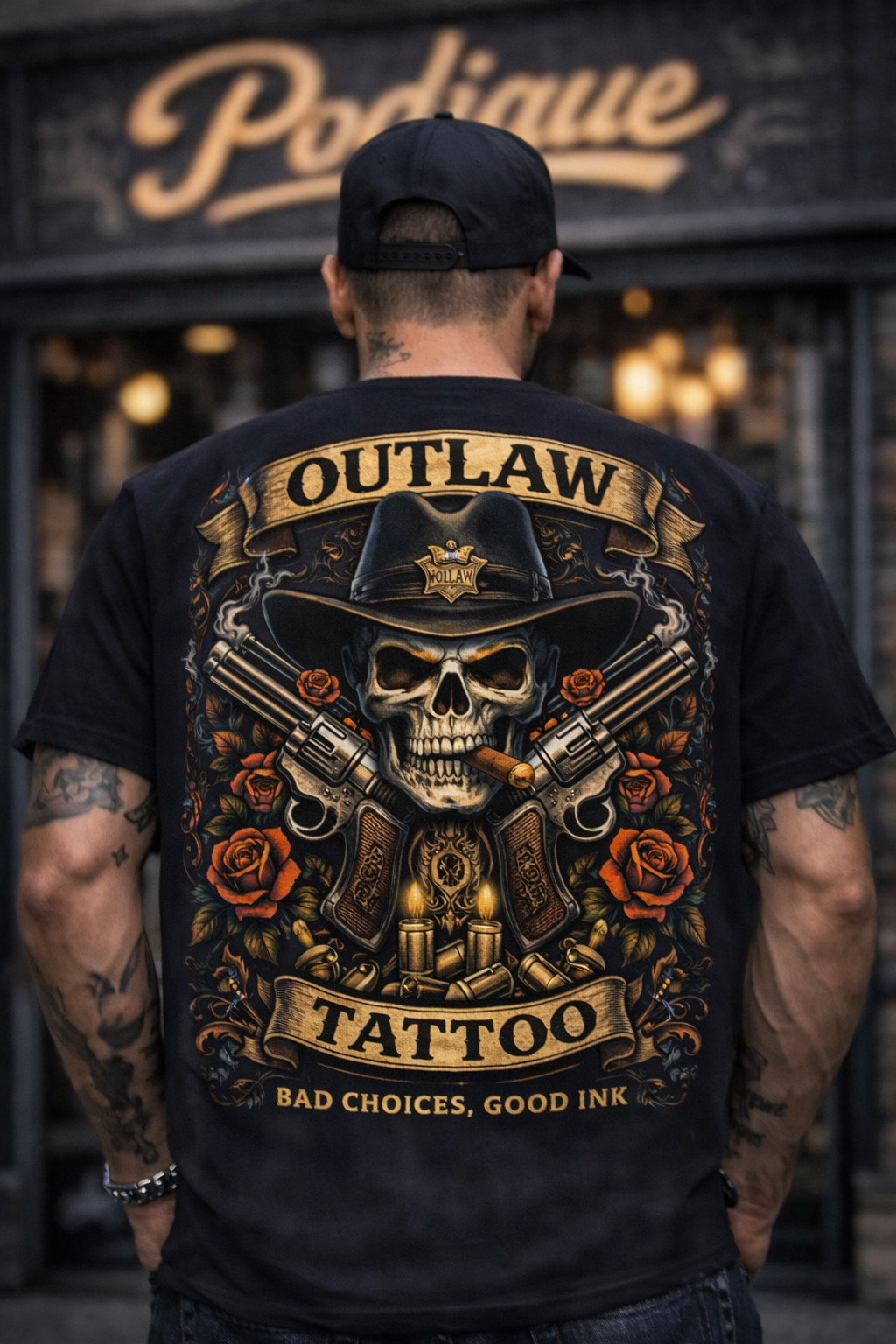 Outlaw Skull Tattoo T-Shirt Cowboy Gun Biker Graphic Bad Choices Good Ink S-5XL